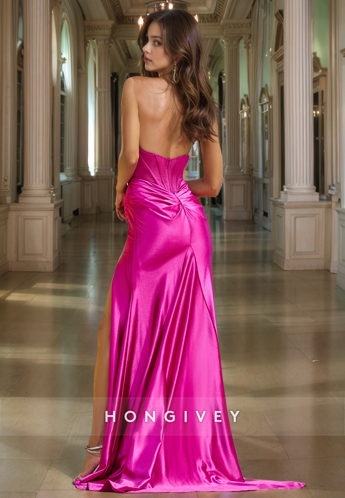 Casual Satin Trumpet Vneck Halter With Side Slit Long Prom Dress