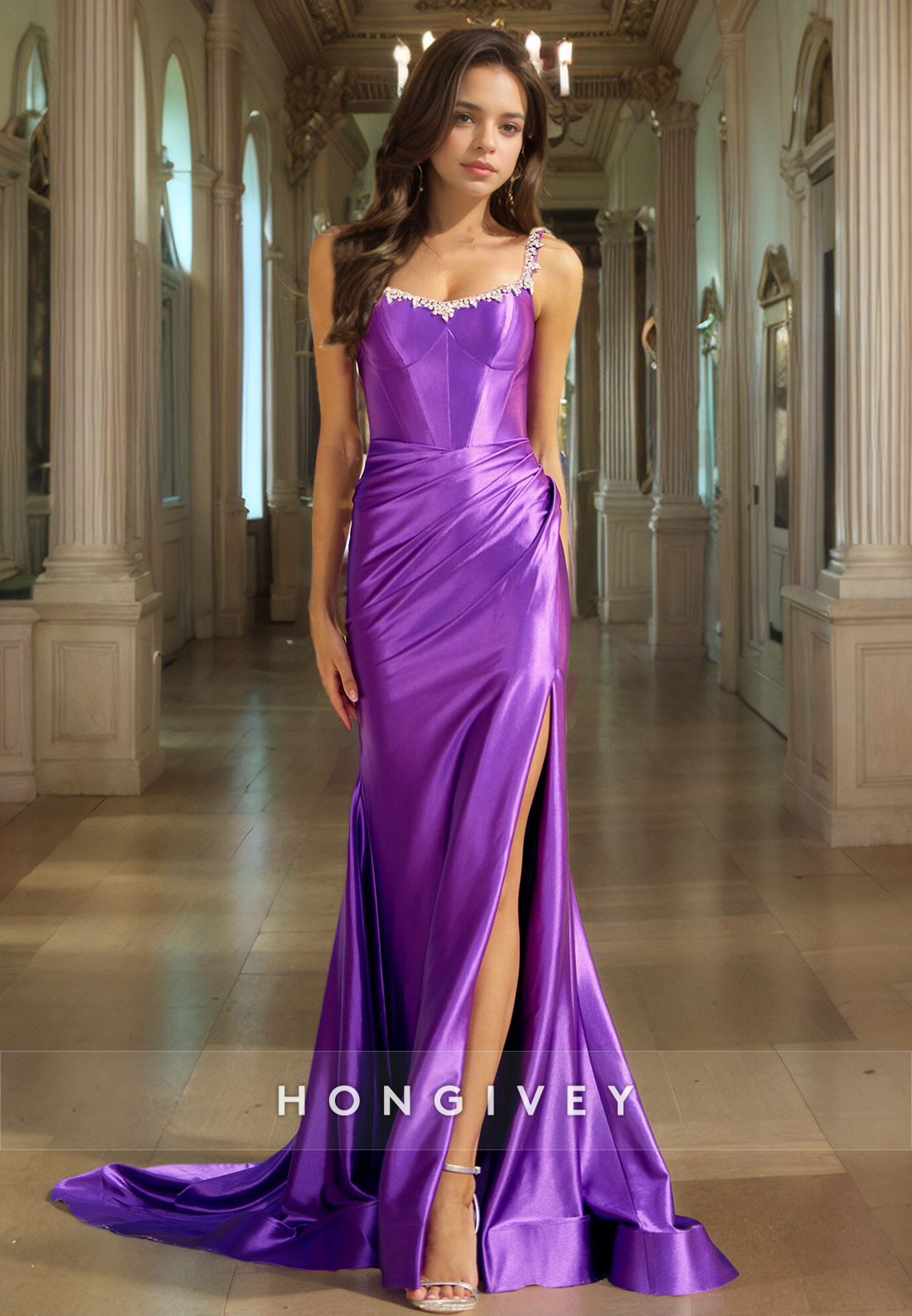 Chic Satin Trumpet Sweetheart Spaghetti Straps Beaded Long Prom Dress