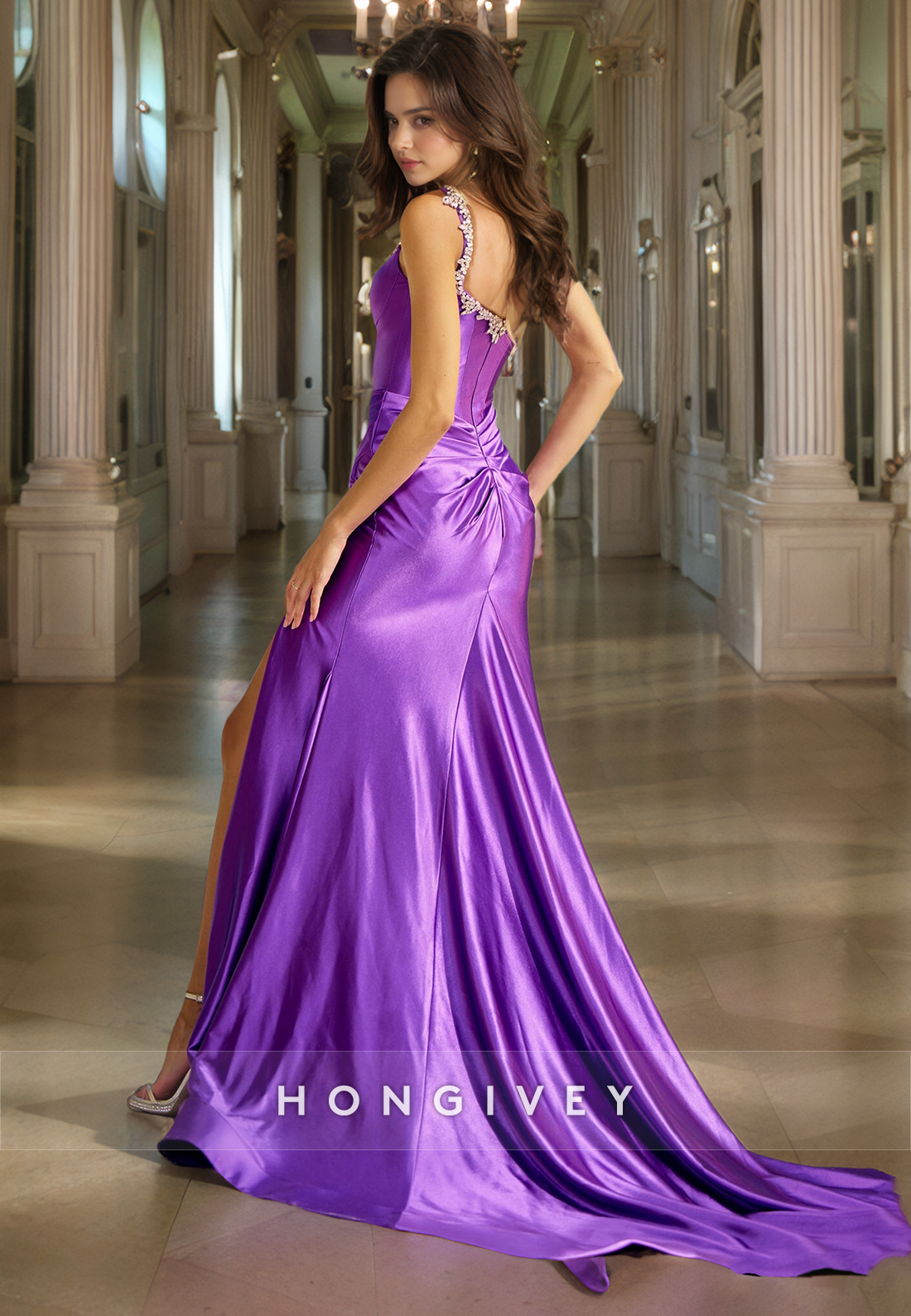 Chic Satin Trumpet Sweetheart Spaghetti Straps Beaded Long Prom Dress