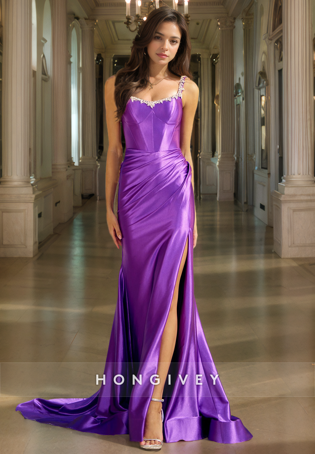 Chic Satin Trumpet Sweetheart Spaghetti Straps Beaded Long Prom Dress