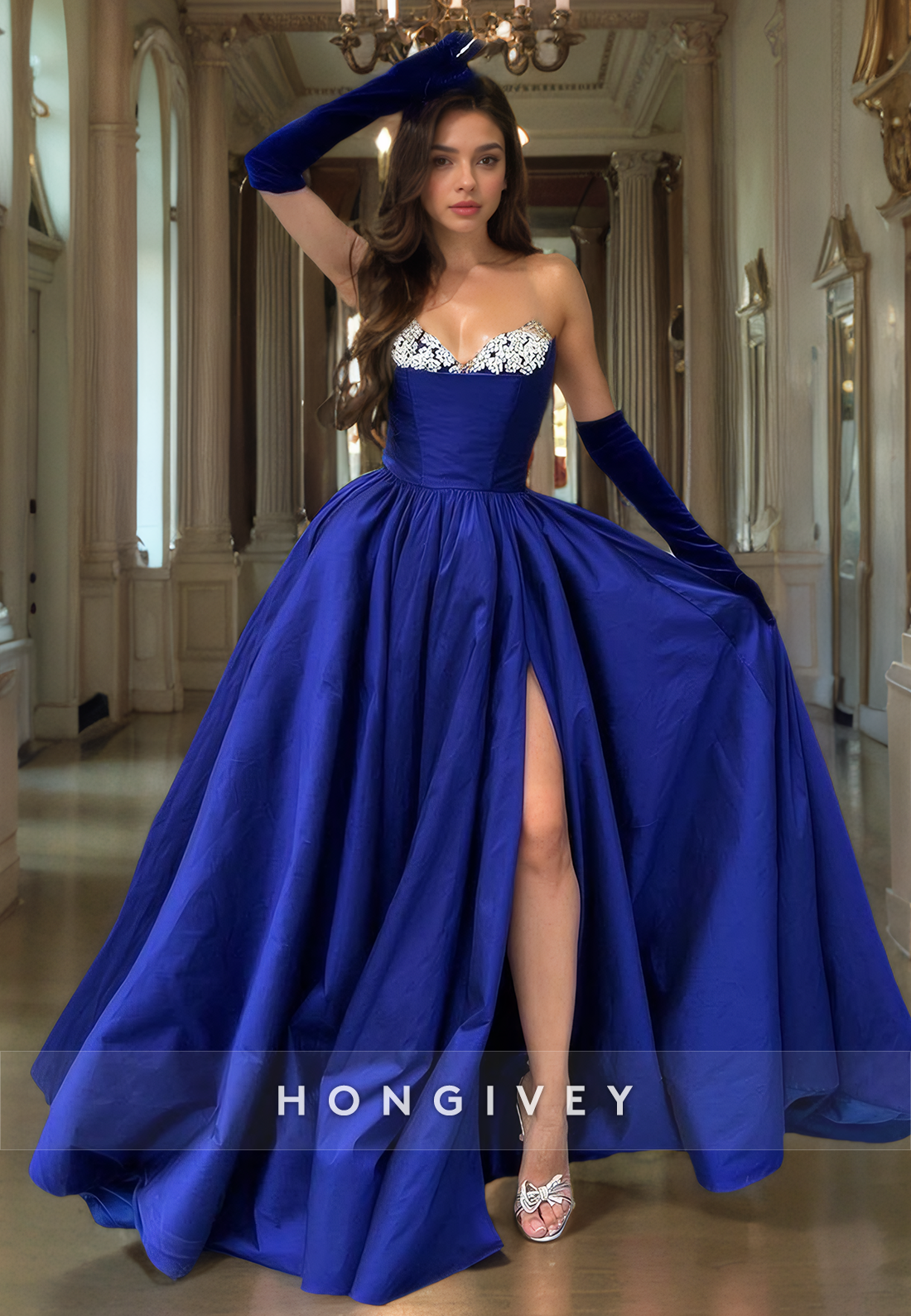 Satin Aline Sweetheart Strapless Beaded With Side Slit Long Prom Dress