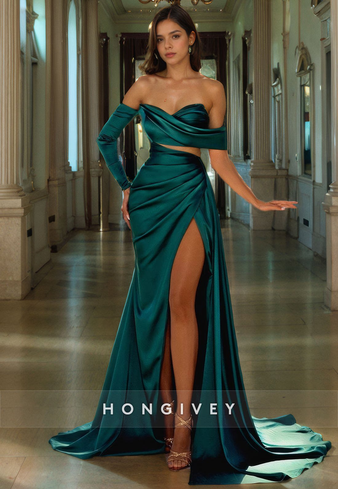 Satin Aline One Shoulder Long Sleeve With Side Slit Long Prom Dress