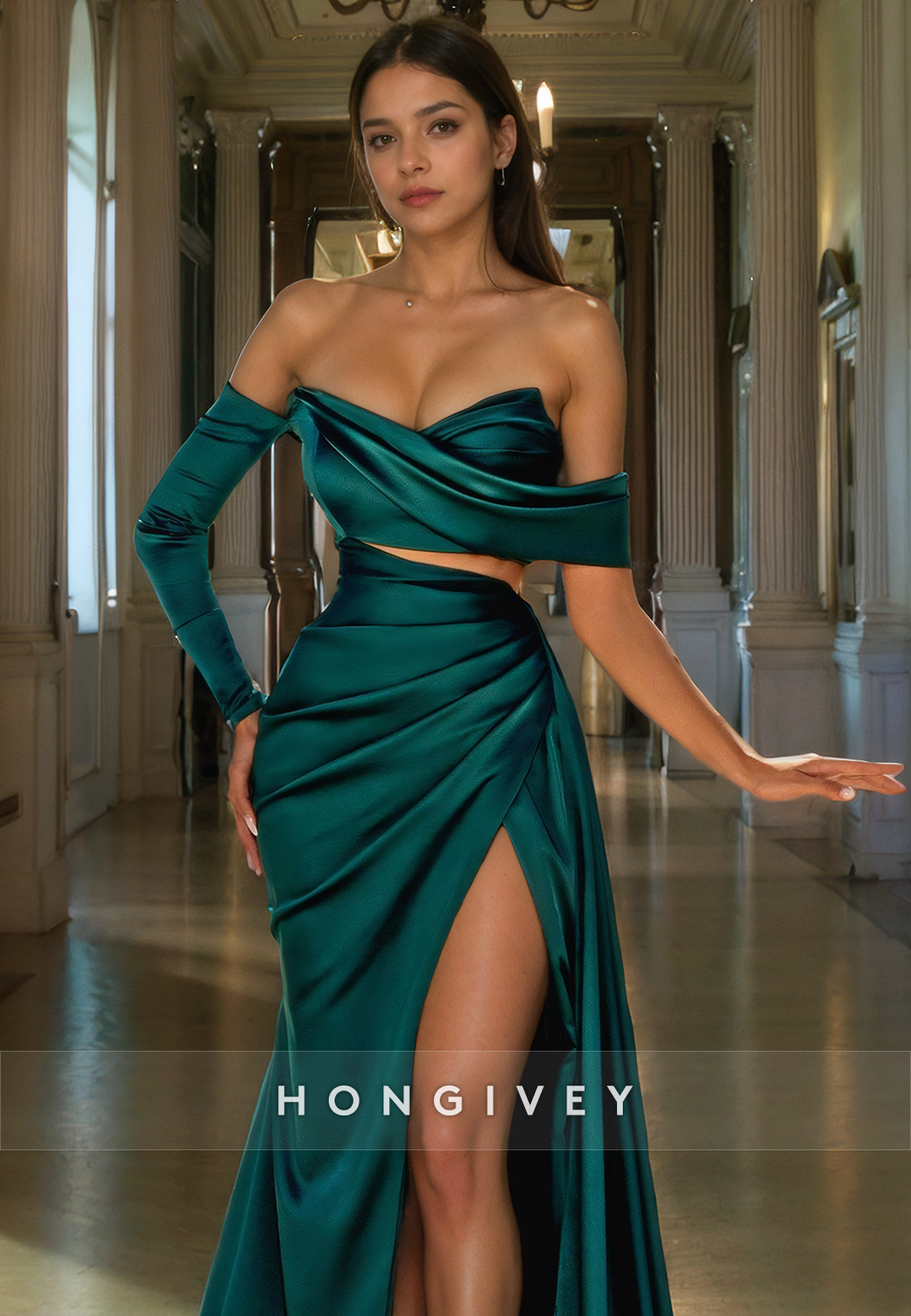 Satin Aline One Shoulder Long Sleeve With Side Slit Long Prom Dress