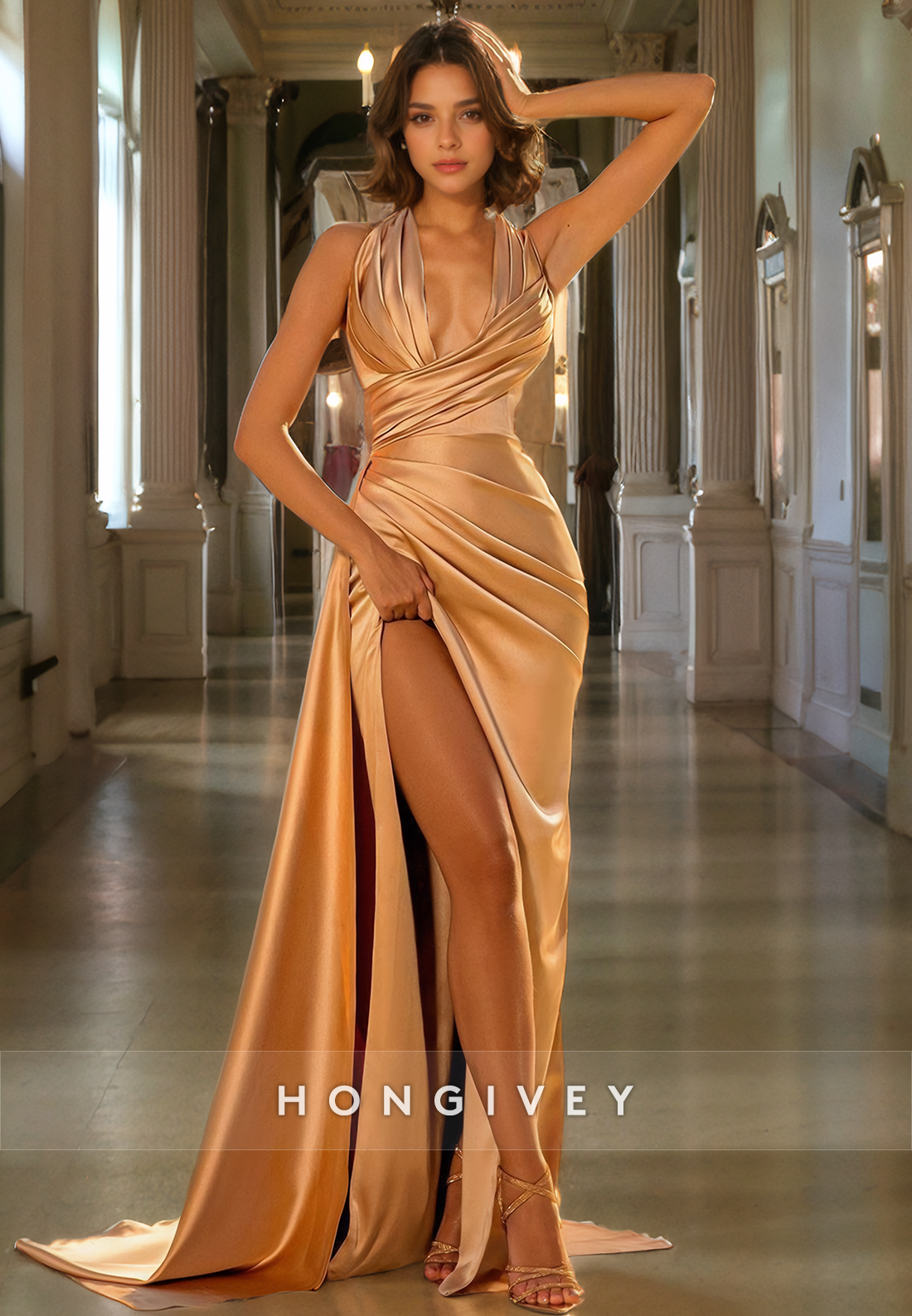 L Sexy Gold Vneck Halter With Train And High Slit Evening Party Prom Dress