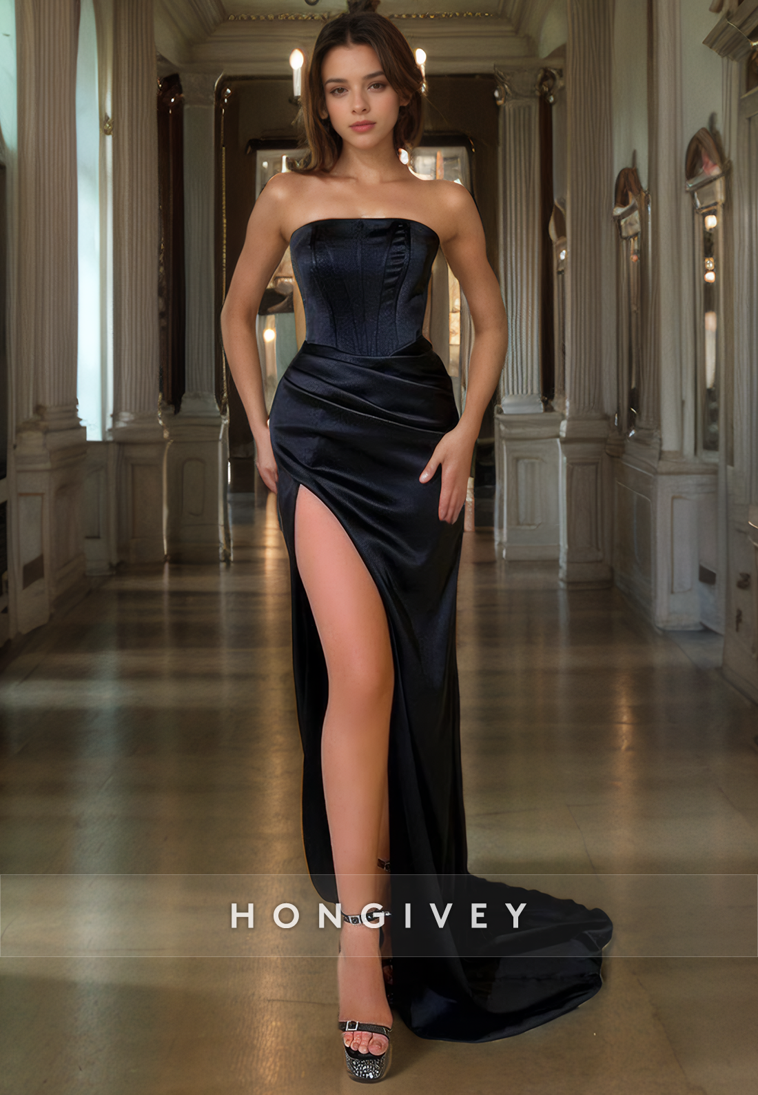 L Simple Strapless High Slit With Train Evening Party Prom Dress