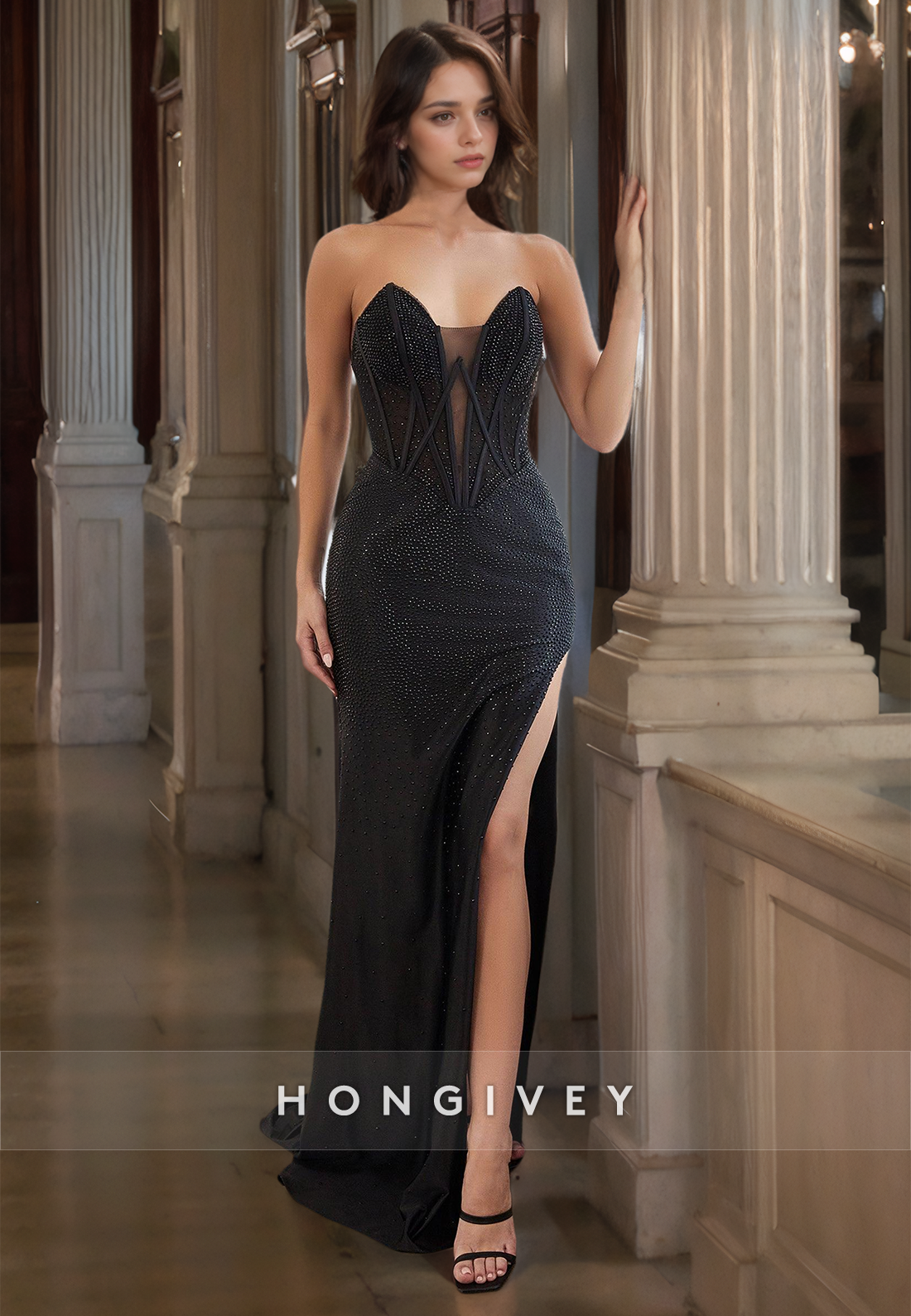 L Sexy Fitted Fully Beaded Bateau Strapless With Side Slit Floorlength Party Prom Evening Dress