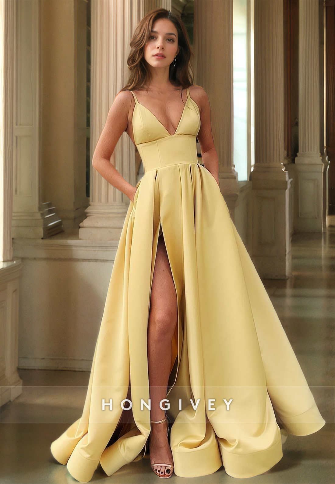 L Sexy Satin Aline Plunging Vneck Spaghetti Straps Empire With Side Slit Party Prom Evening Dress