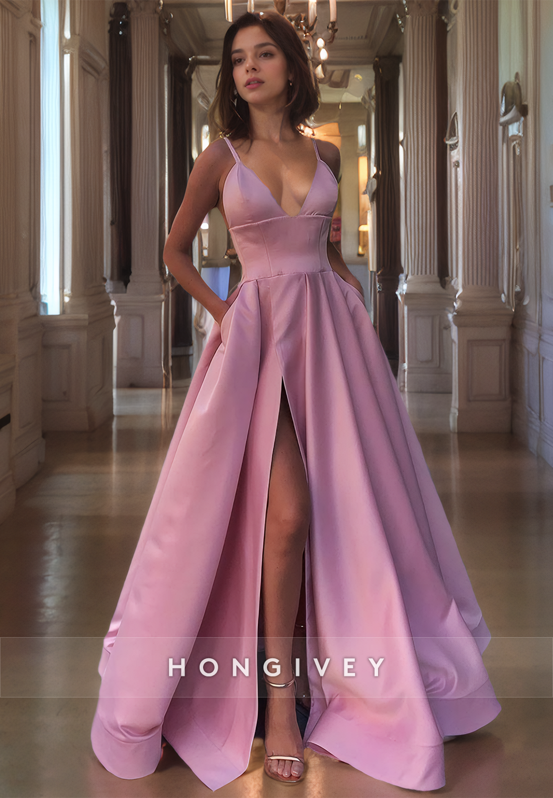 L Sexy Satin Aline Plunging Vneck Spaghetti Straps Empire With Side Slit Party Prom Evening Dress