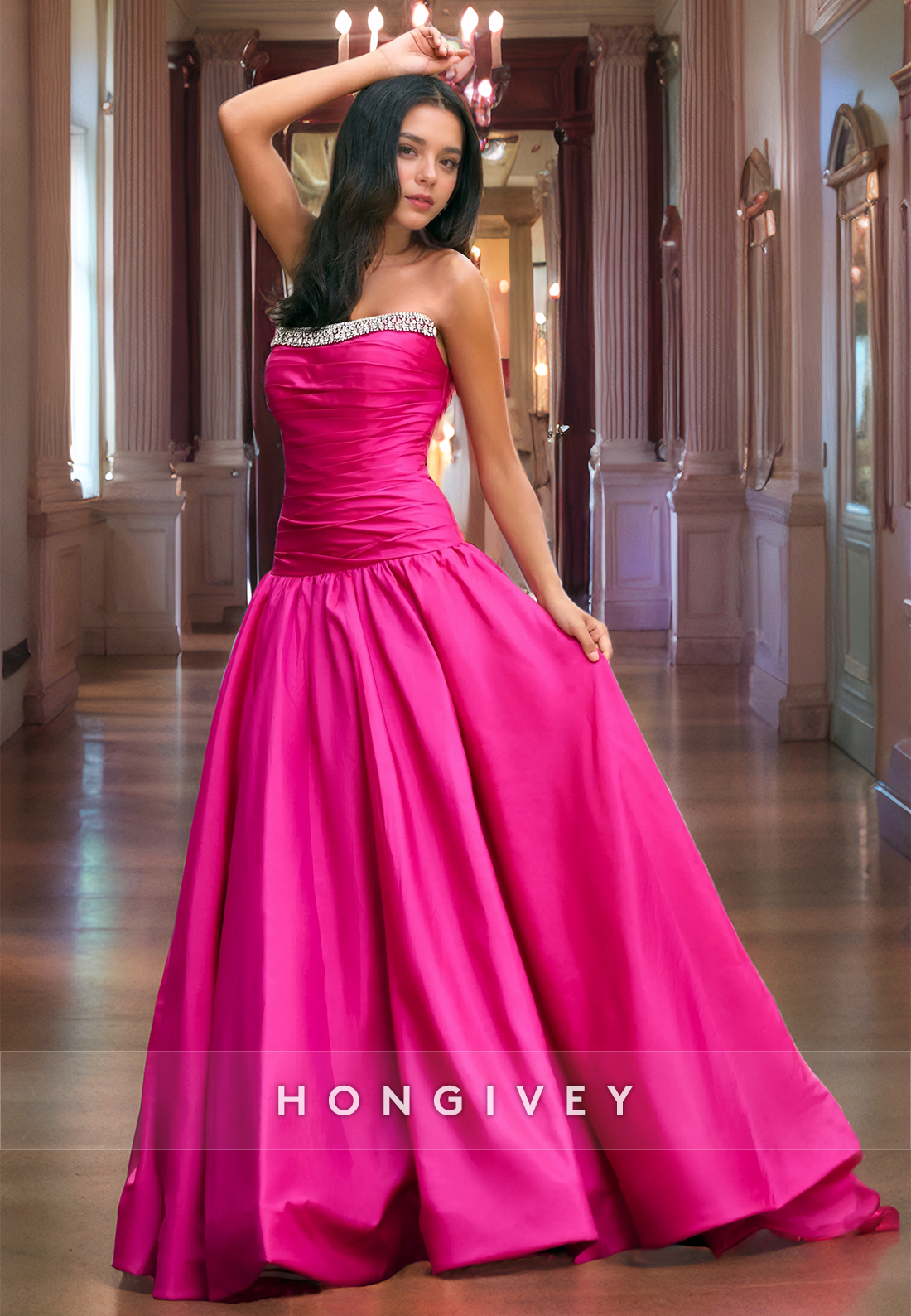 Chic Satin Aline Strapless Sleeveless With Train Party Prom Evening Dress