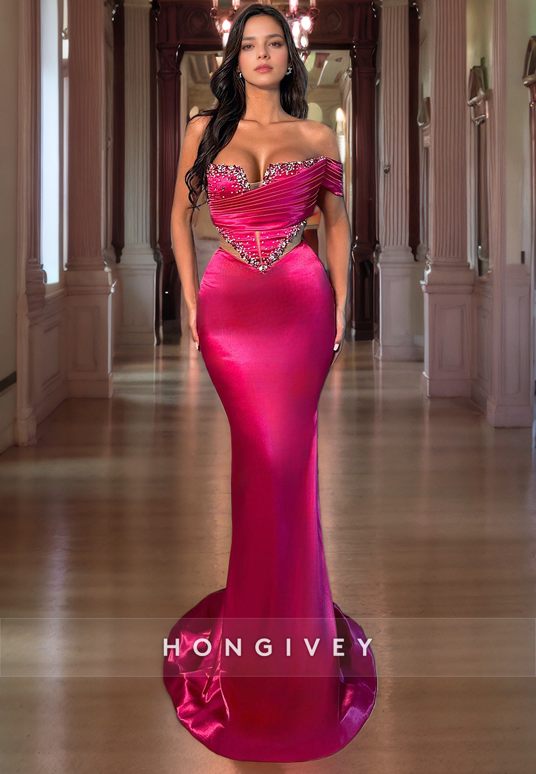 Sheath/Column One Shoulder Cutout Satin Prom Dress With High Slit And Rhinestone Sashes