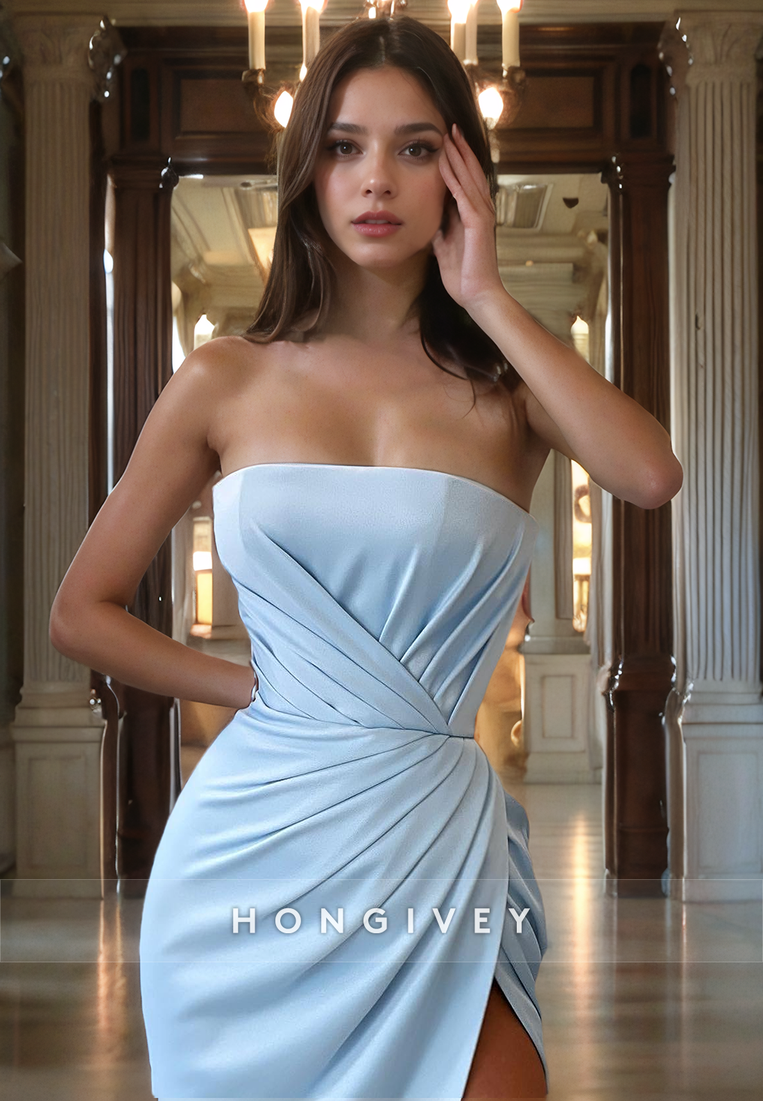 Trumpet/Mermaid Strapless Pleated Satin Prom Dress With High Slit