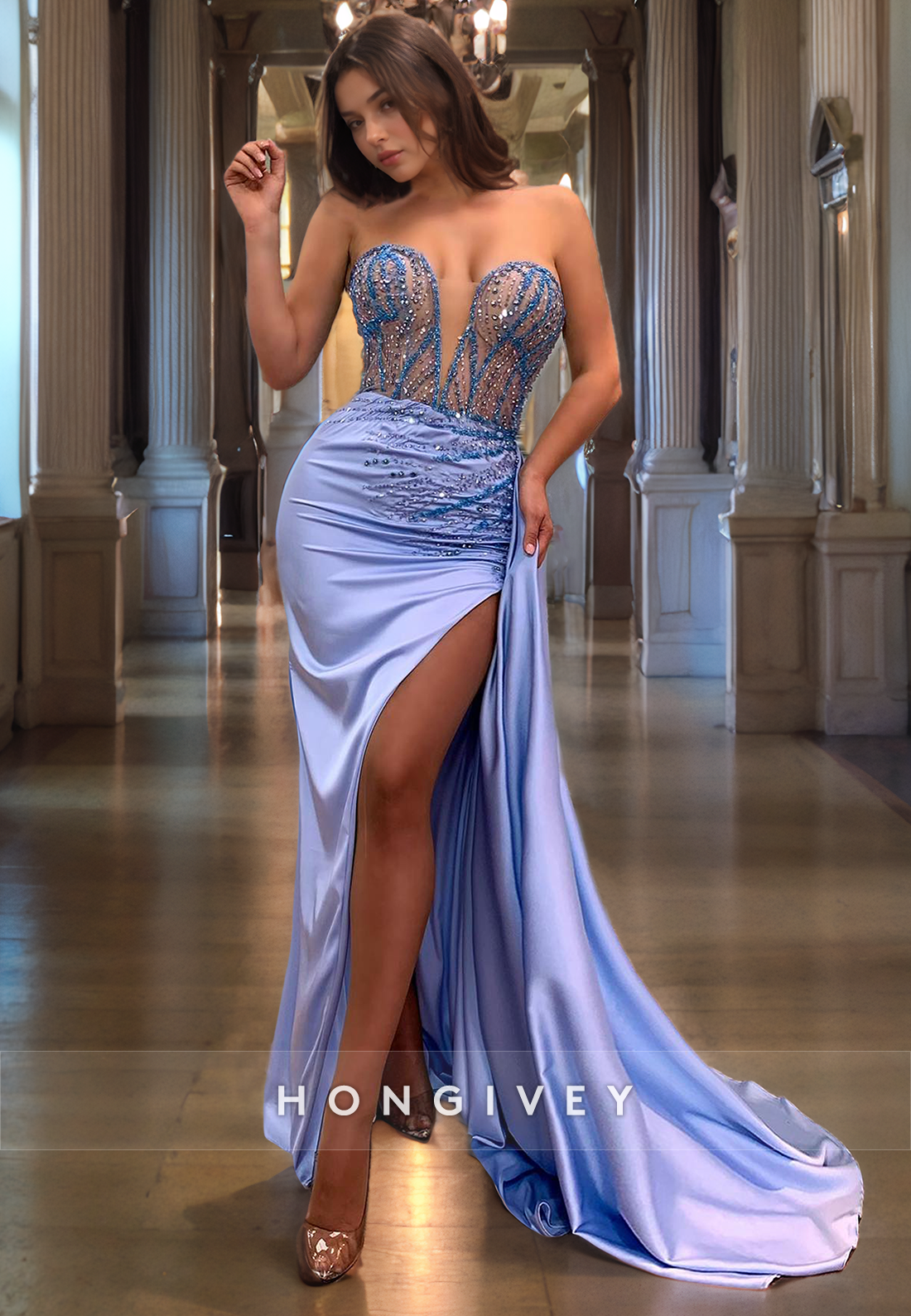 Trumpet/Mermaid Lowvneck Pleated Satin Prom Dress With High Slit And Beaded Top