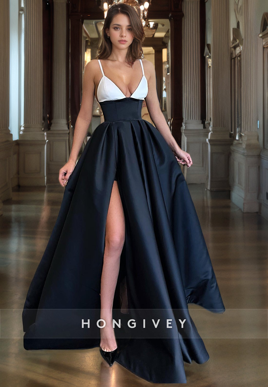 Aline Lowvneck Floorlength Satin Prom Dress With High Slit And Pockets