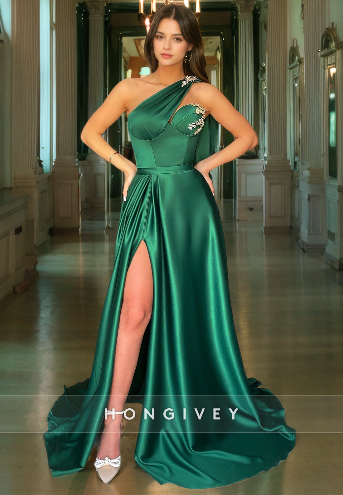 Aline One Shoulder Beaded Satin Prom Dress With High Slit