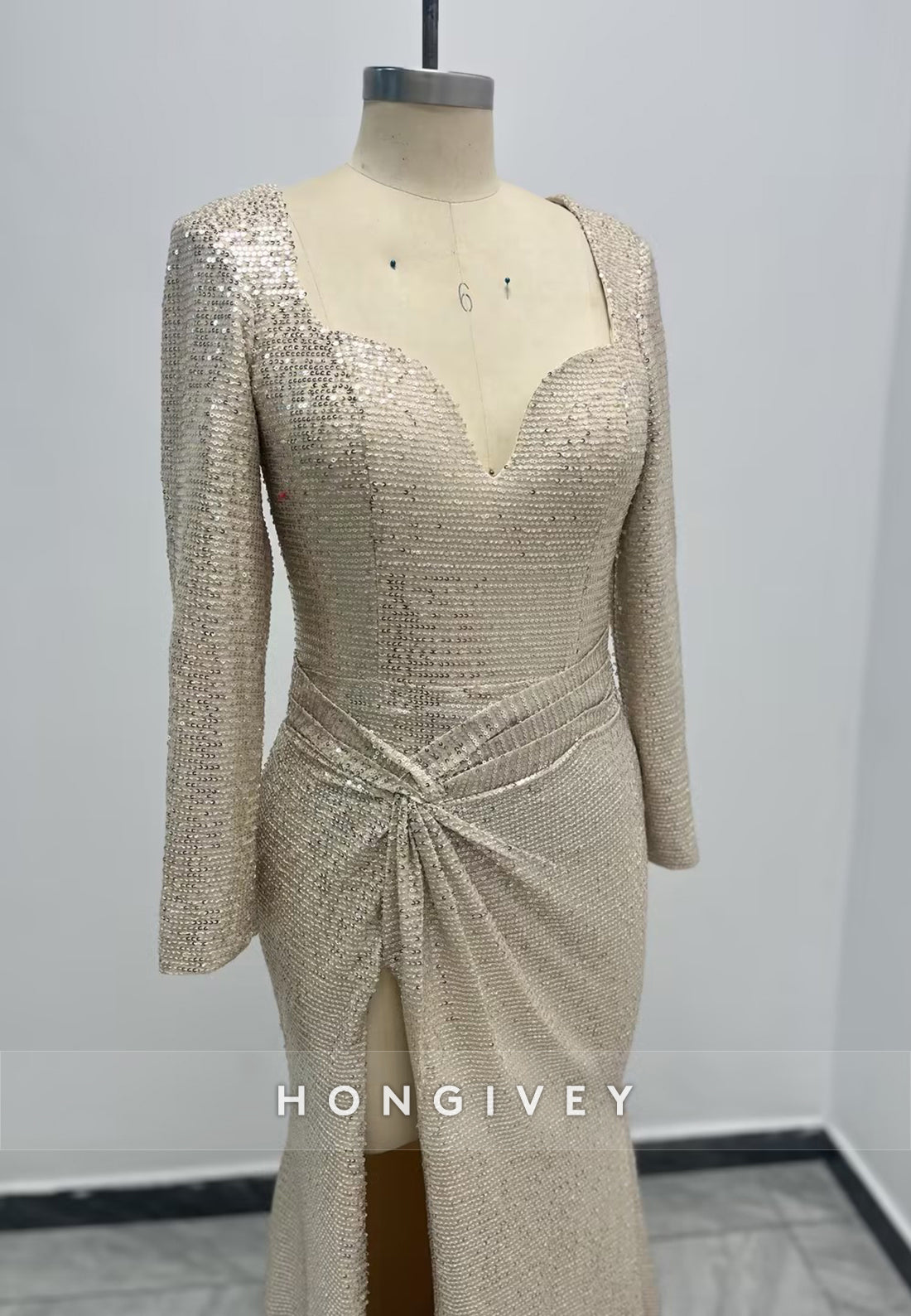 Sparkle Champagne Long Sleeves Mermaid Formal Evening Dress Prom Gown