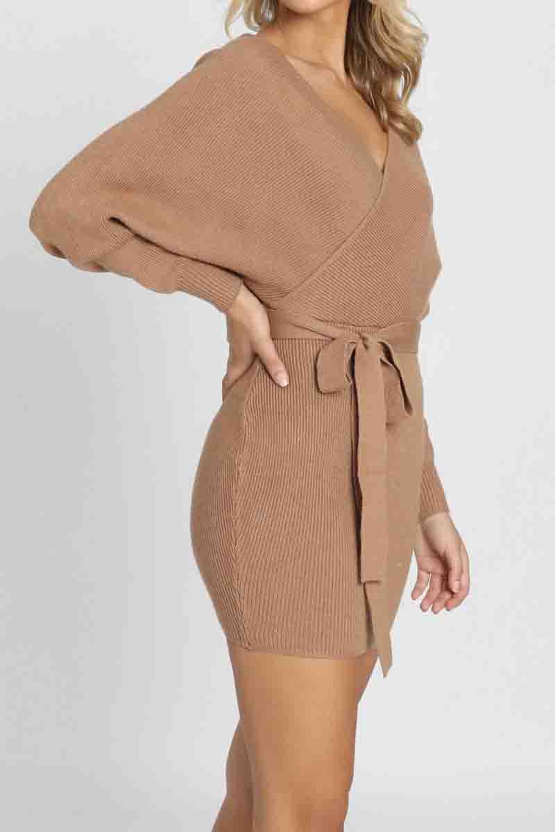 V Neck Knit Sweater Dress（3 Colors）