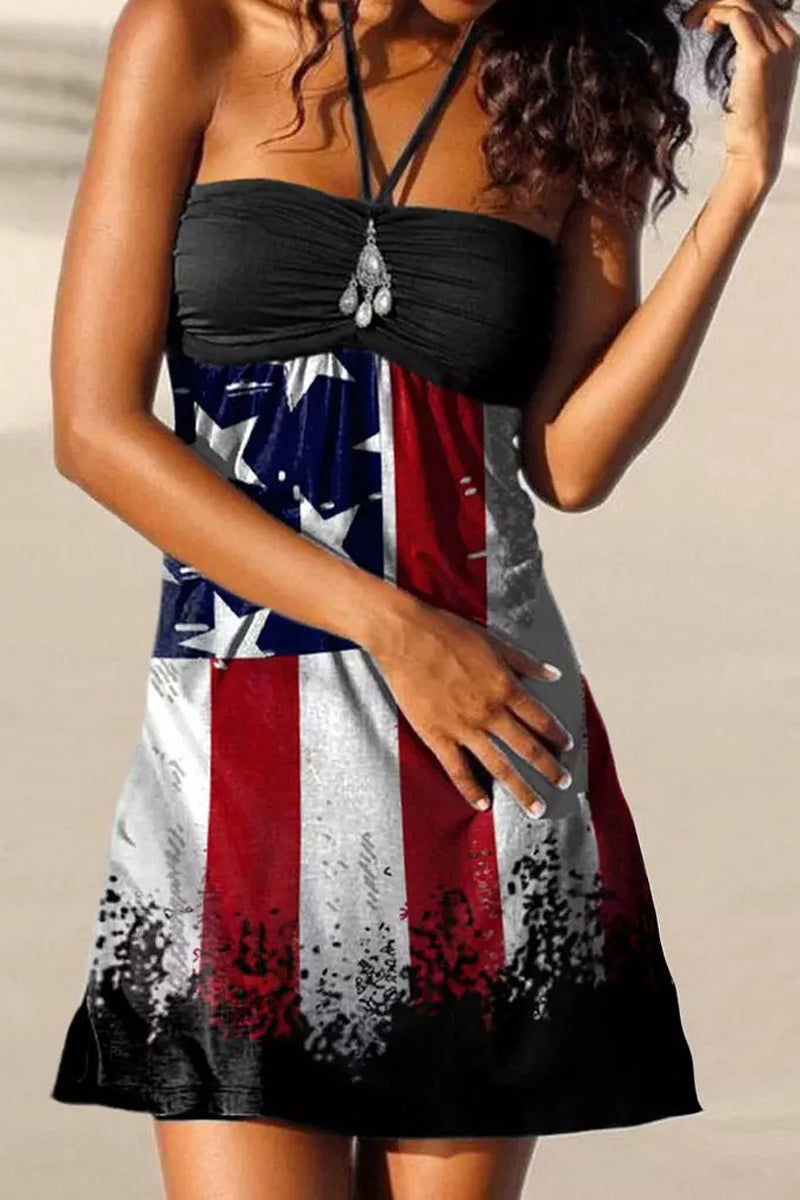 American Flag Star Strapless Ruffled Mini Dress