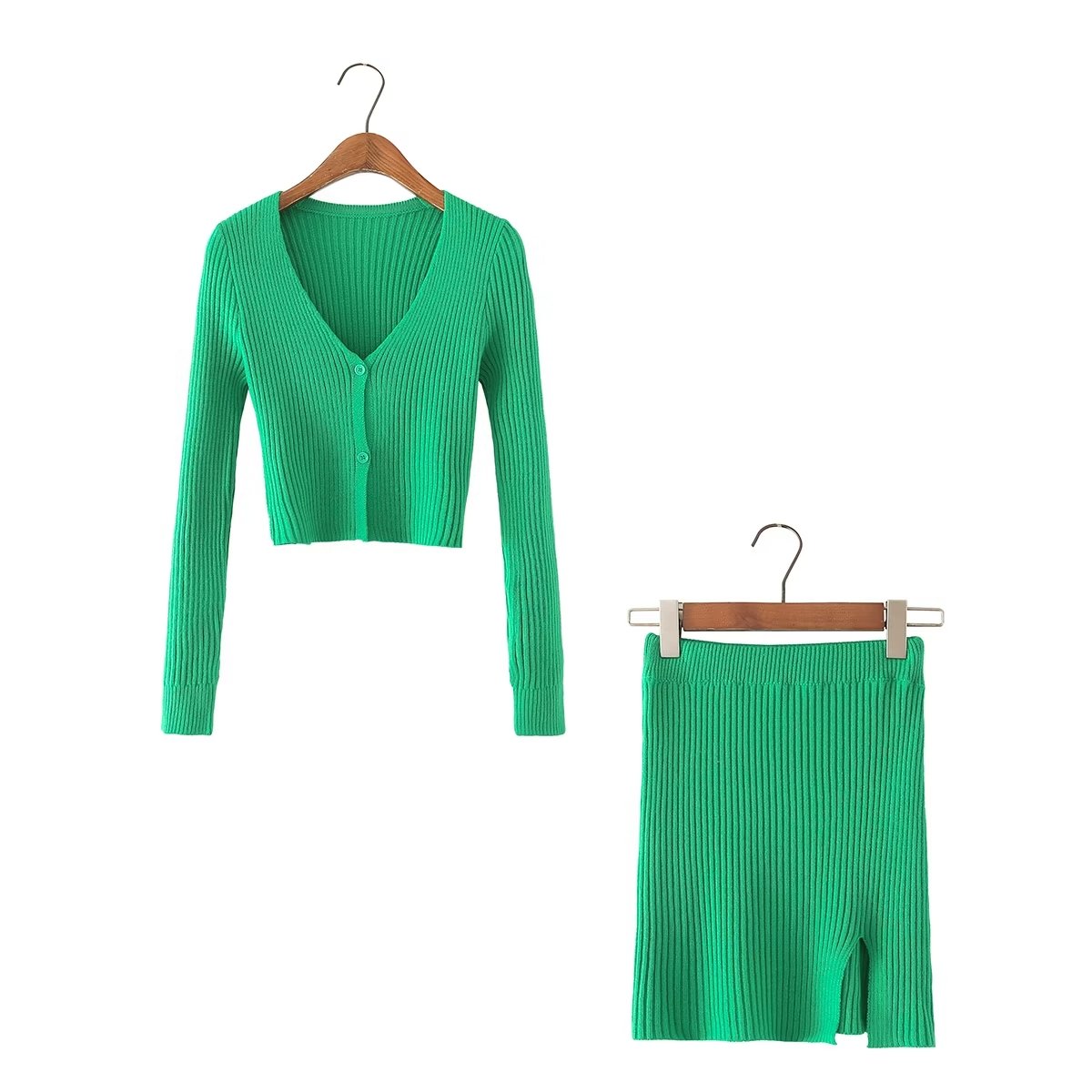 Women Solid Color V neck Short Knitted Cardigan High Waist Mini Skirt Casual Suit Set