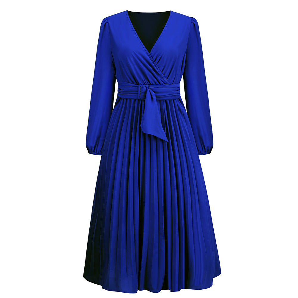 Women Clothing Long Sleeve Slim Fit Pleated Belt V neck Dress A line Dress royal blue