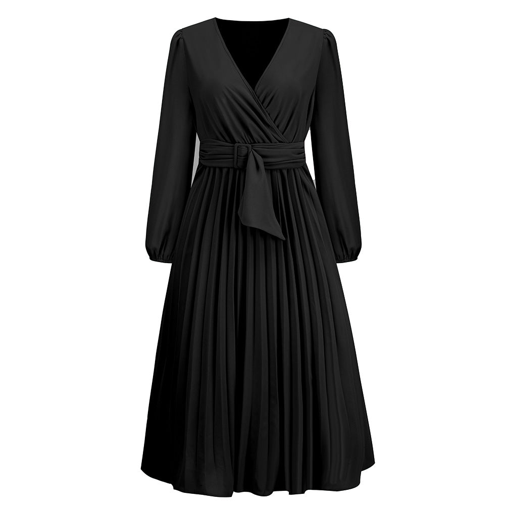 Women Clothing Long Sleeve Slim Fit Pleated Belt V neck Dress A line Dress Black