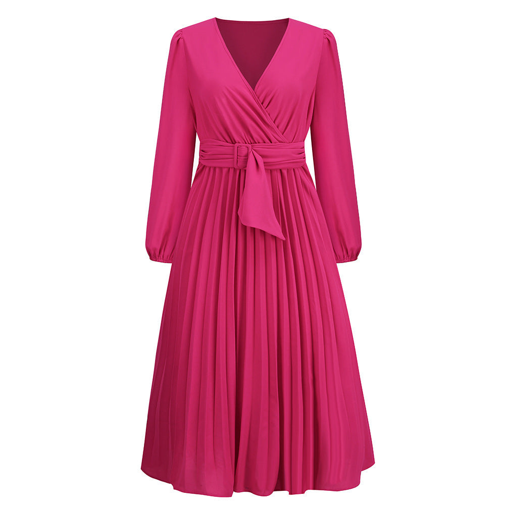 Women Clothing Long Sleeve Slim Fit Pleated Belt V neck Dress A line Dress Coral Red