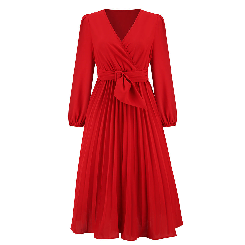 Women Clothing Long Sleeve Slim Fit Pleated Belt V neck Dress A line Dress Red