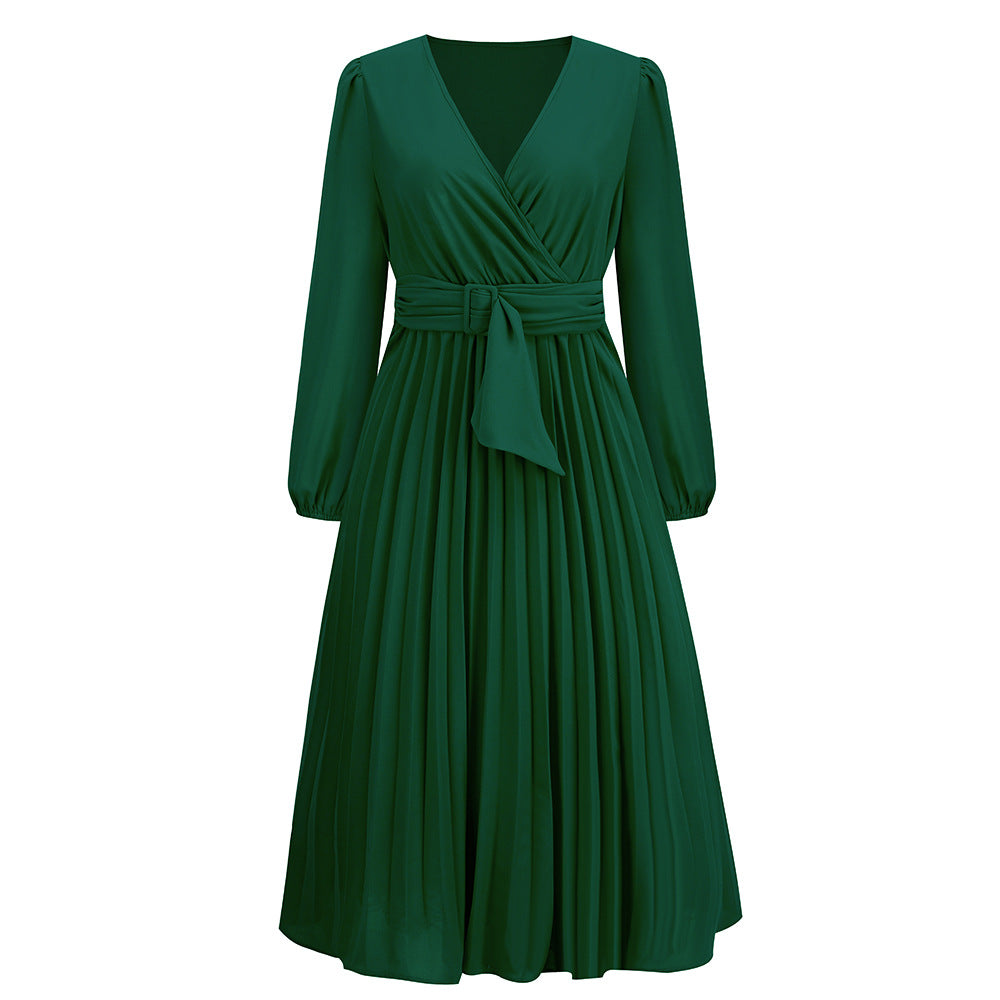 Women Clothing Long Sleeve Slim Fit Pleated Belt V neck Dress A line Dress Green