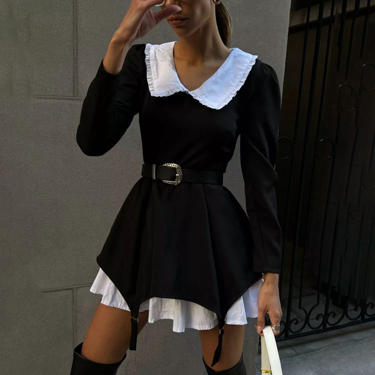 Women Autumn Clothing High End French Long Sleeve Doll Collar Dress Niche Faux Two Piece Dress Black