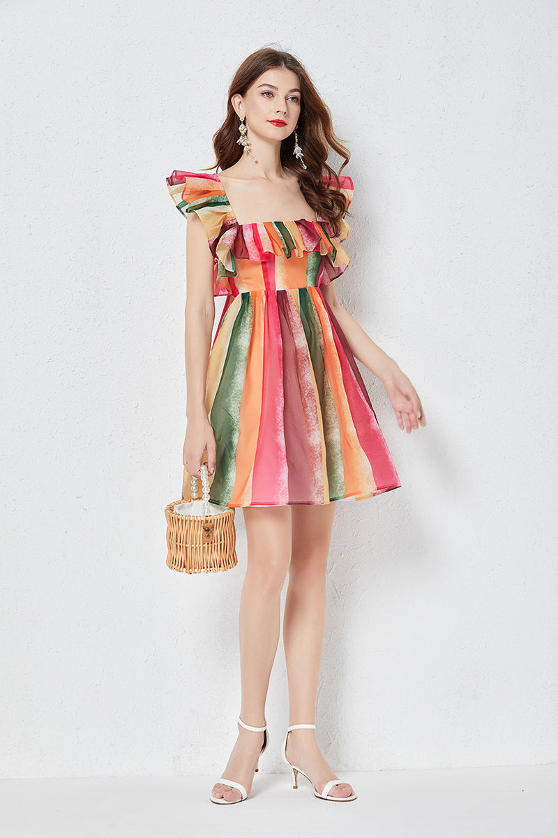 Women Rainbow Striped Crystal Yarn Square Neck Strapless Dress Slim Gathered High Waist Yarn Dress