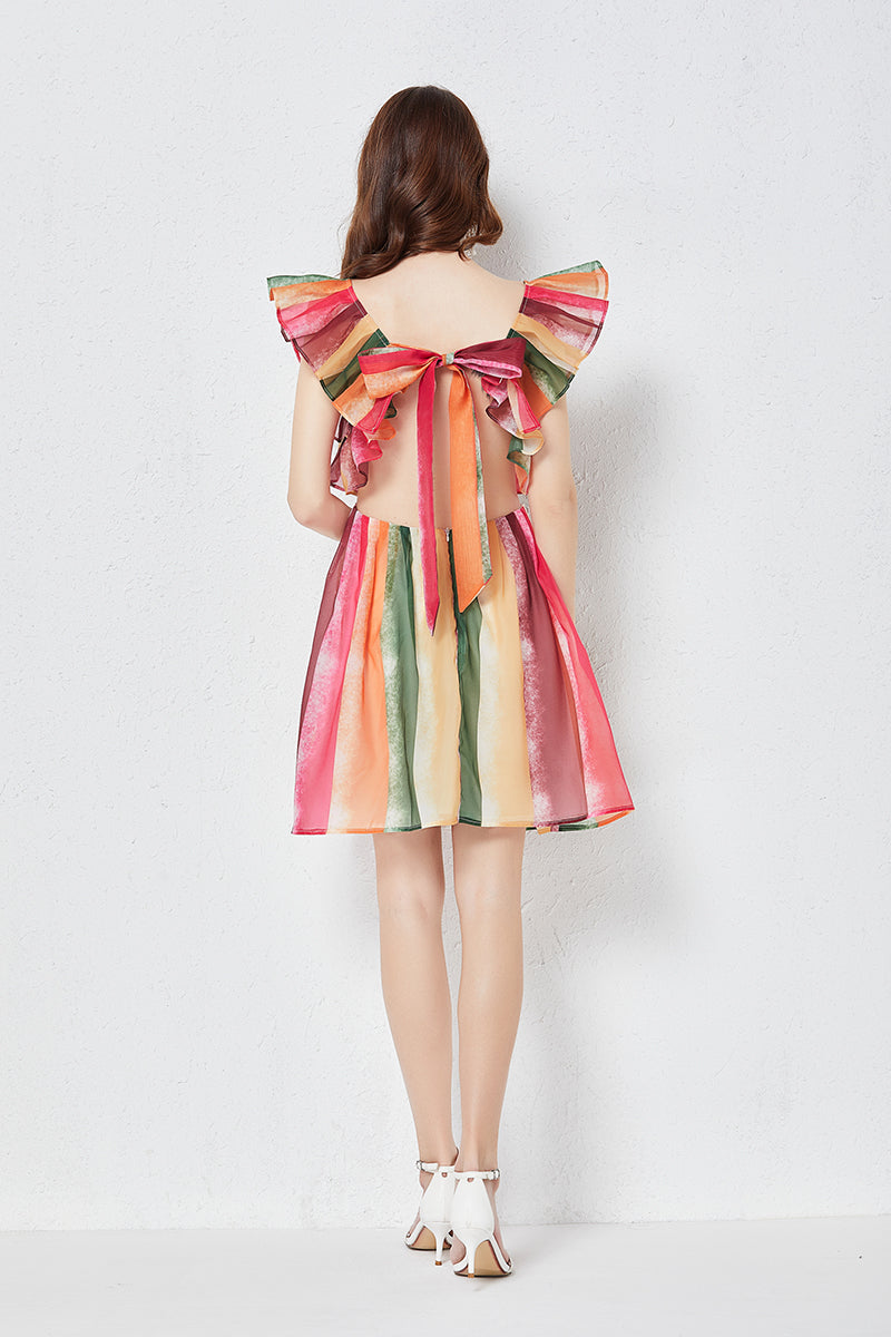 Women Rainbow Striped Crystal Yarn Square Neck Strapless Dress Slim Gathered High Waist Yarn Dress