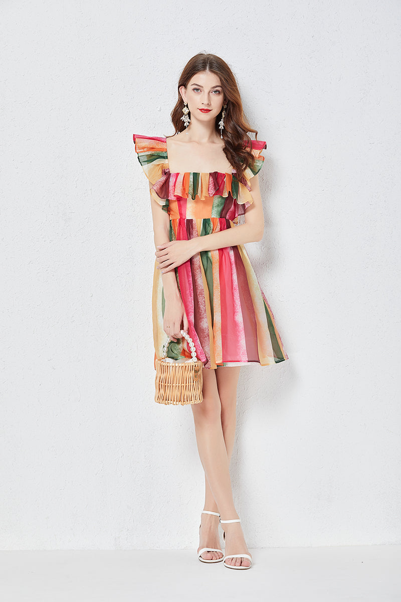 Women Rainbow Striped Crystal Yarn Square Neck Strapless Dress Slim Gathered High Waist Yarn Dress