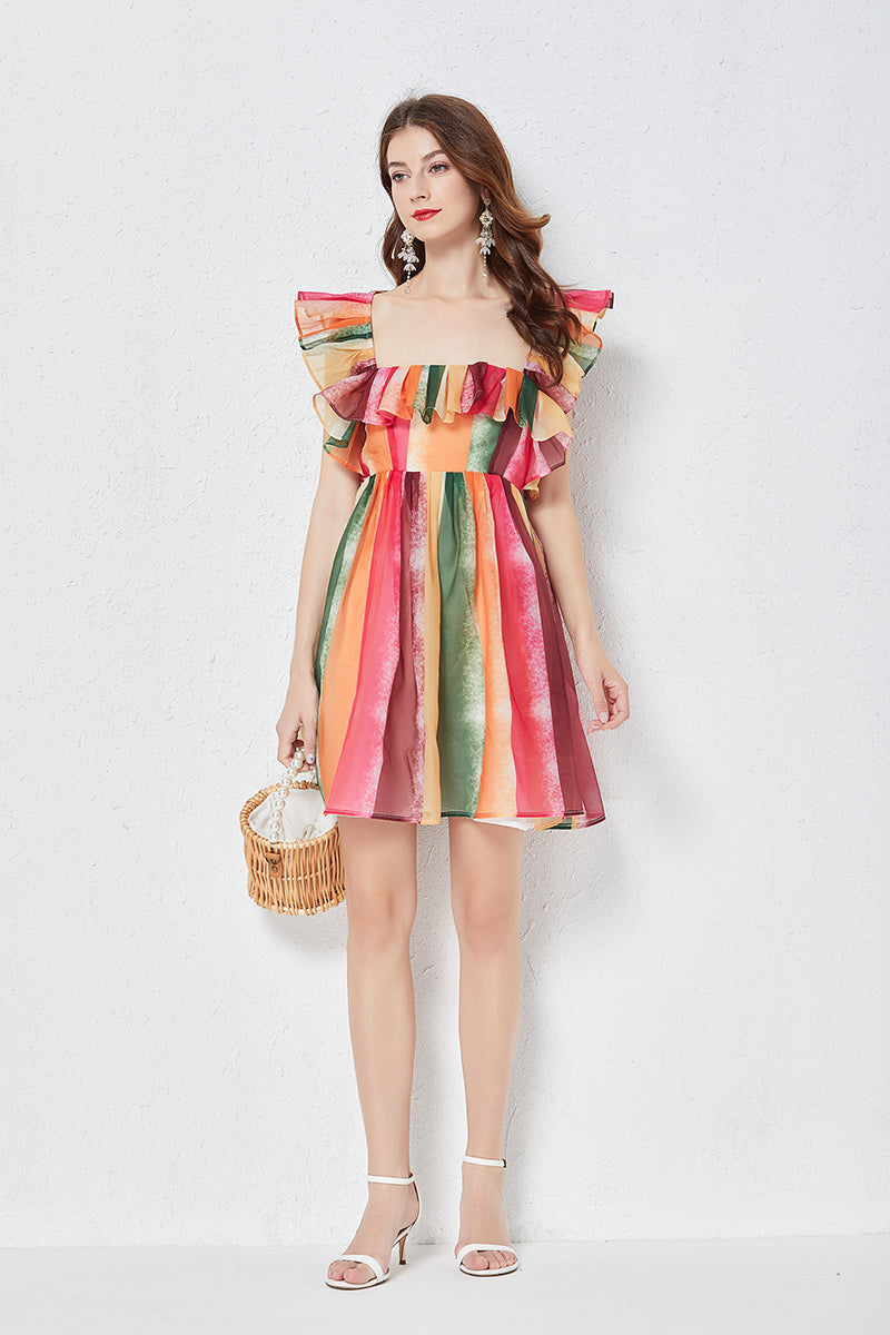 Women Rainbow Striped Crystal Yarn Square Neck Strapless Dress Slim Gathered High Waist Yarn Dress