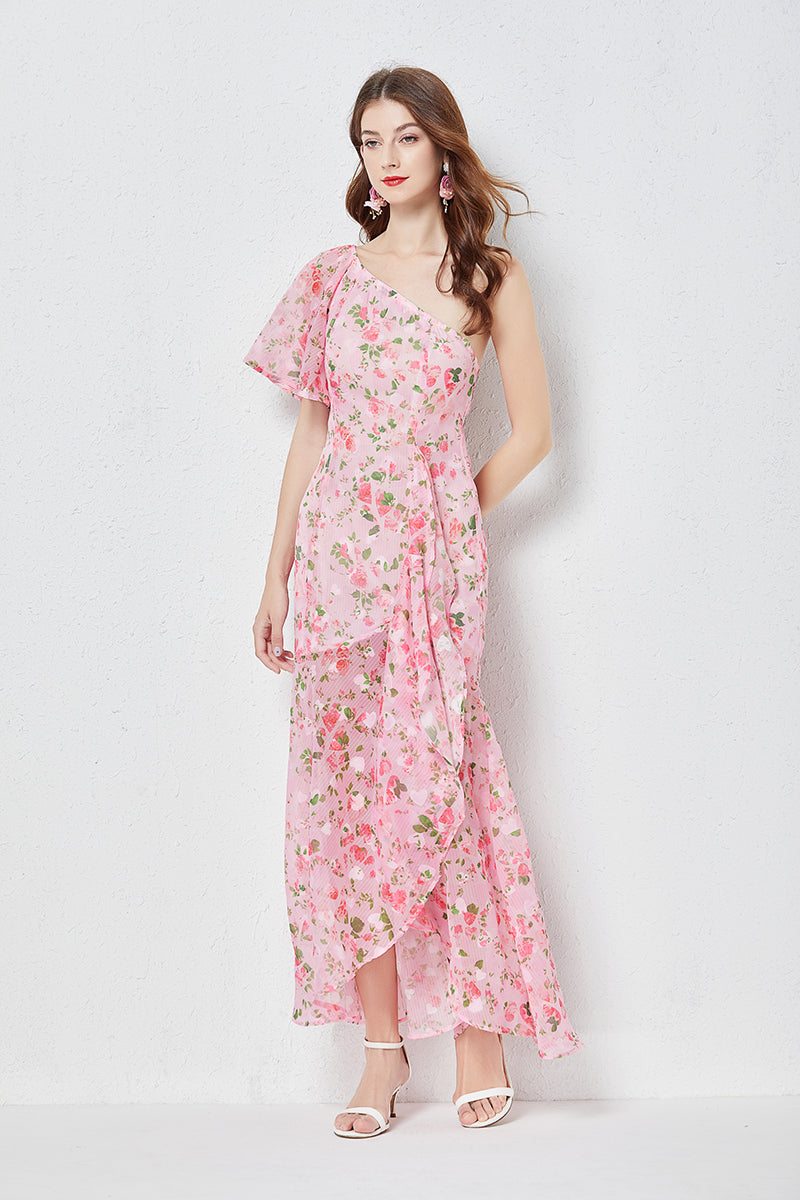 Women Sexy Slanted Shoulder Heart Cut Flower Print Asymmetric One Shoulder Slim Fit Waist Ruffle Dress