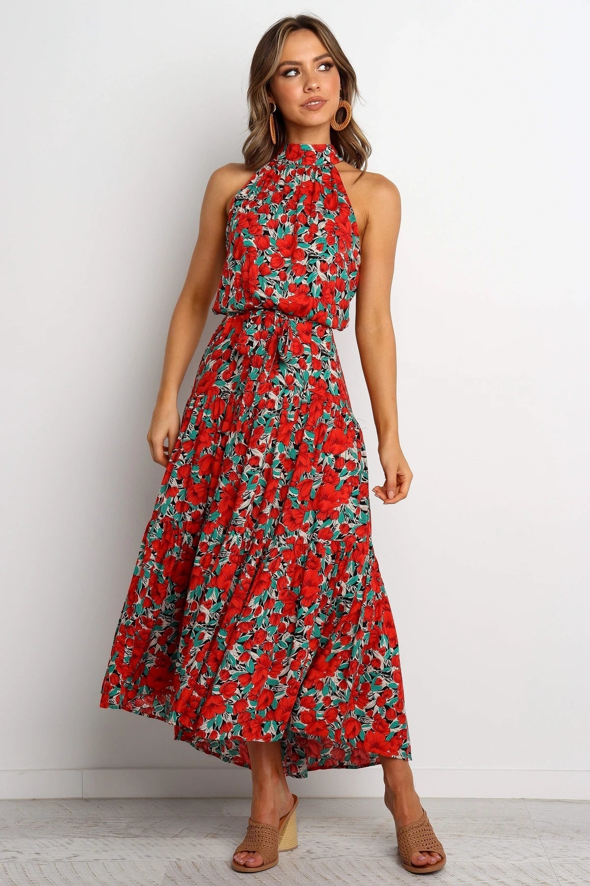 Women Summer Printed Belted Elegant Sleeveless Mixi A Line Dress Red