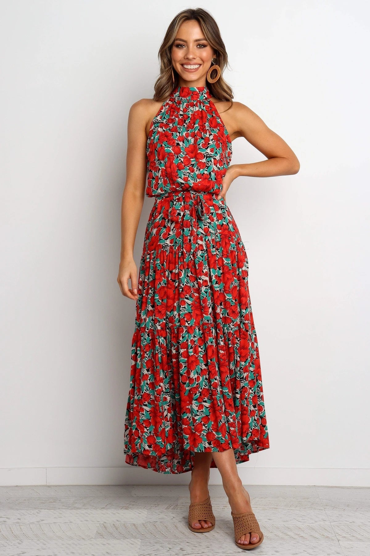 Women Summer Printed Belted Elegant Sleeveless Mixi A Line Dress