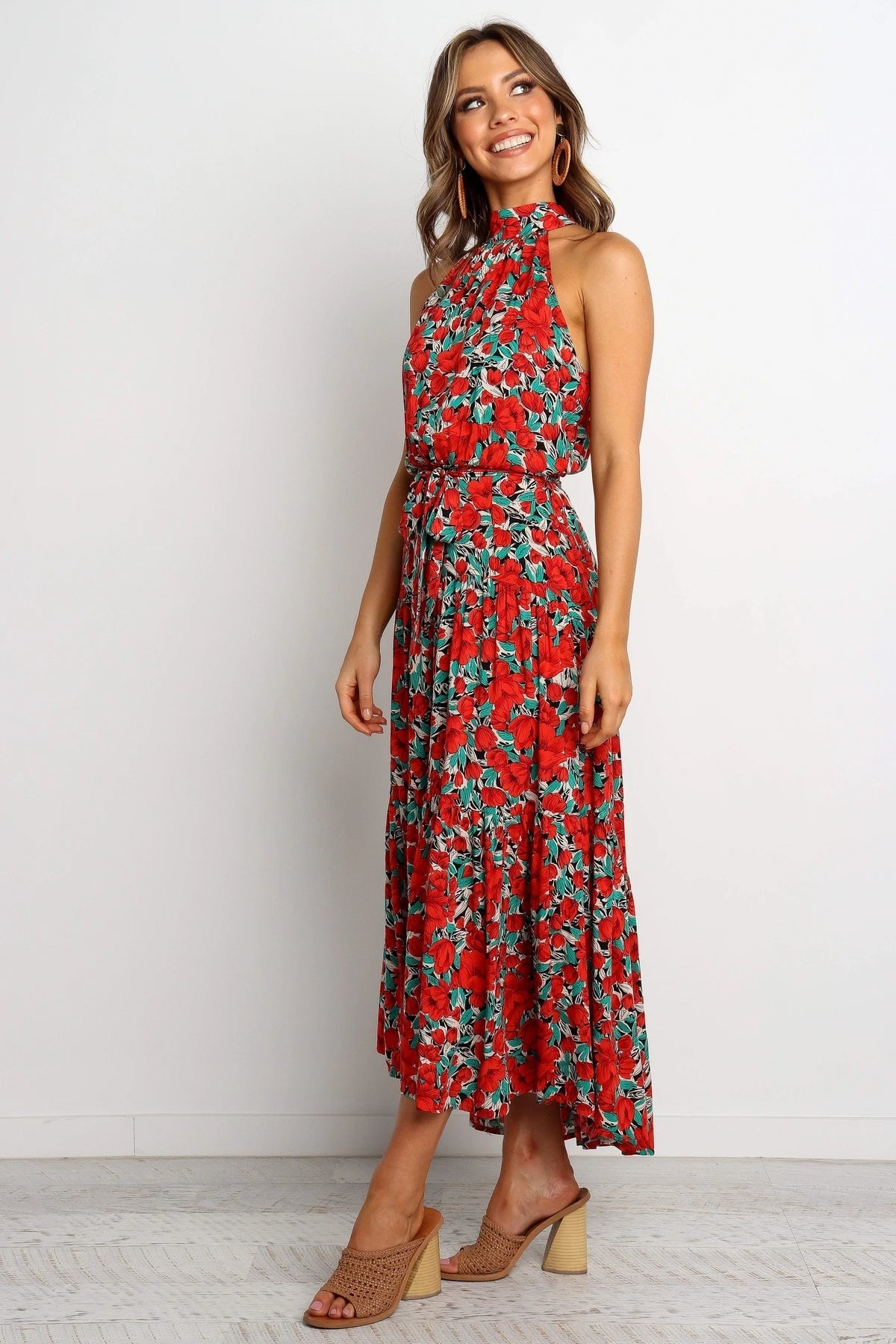 Women Summer Printed Belted Elegant Sleeveless Mixi A Line Dress