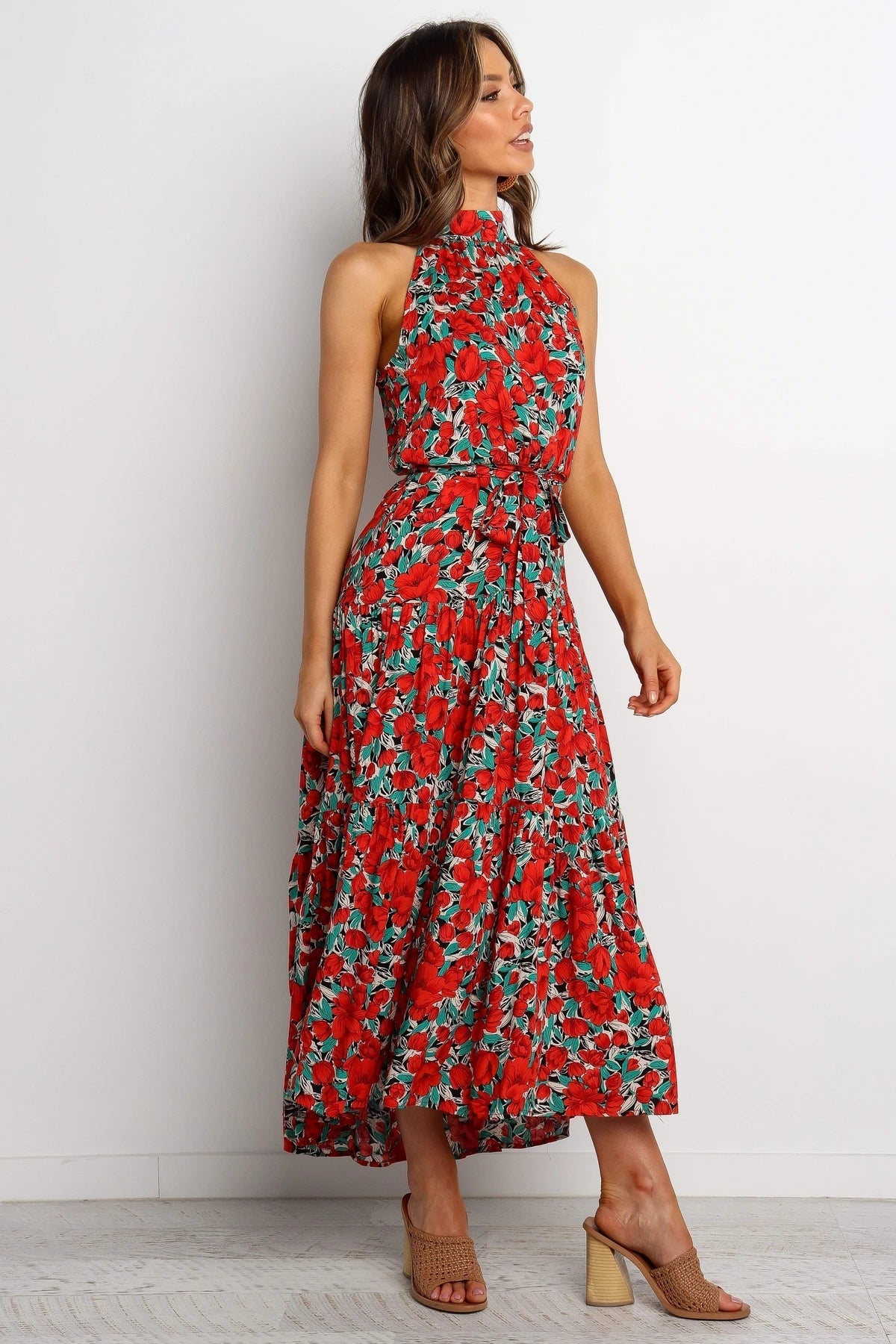 Women Summer Printed Belted Elegant Sleeveless Mixi A Line Dress