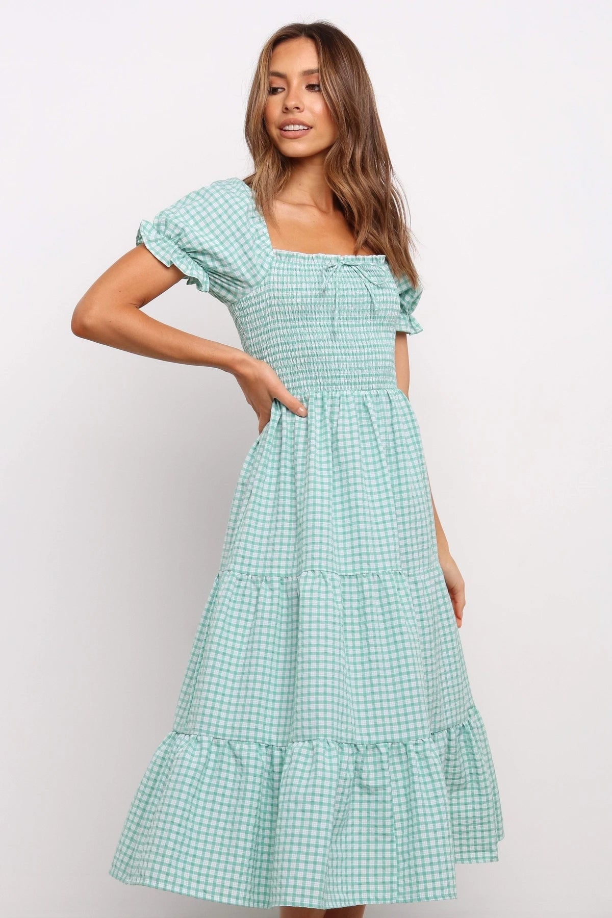 Women Summer Check Square Neck Tie Ruffle Vacition A Line Dress