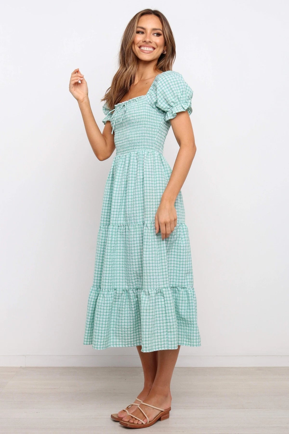 Women Summer Check Square Neck Tie Ruffle Vacition A Line Dress