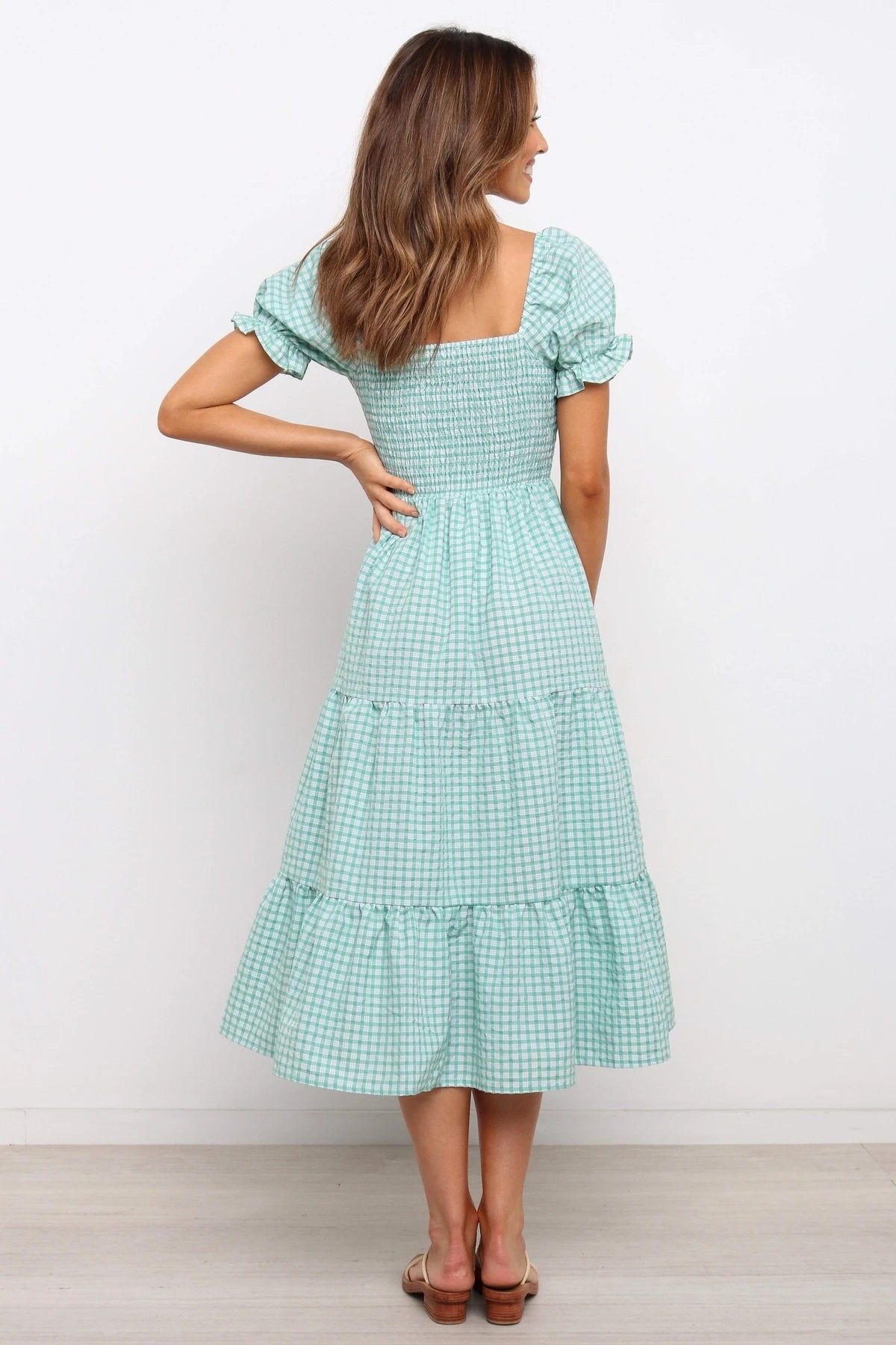 Women Summer Check Square Neck Tie Ruffle Vacition A Line Dress