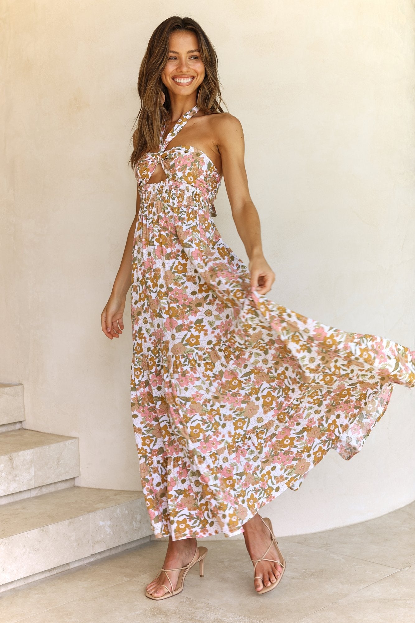 Women Summer Vacation Halter Sleeveless Maxi Cutout A Line Dress