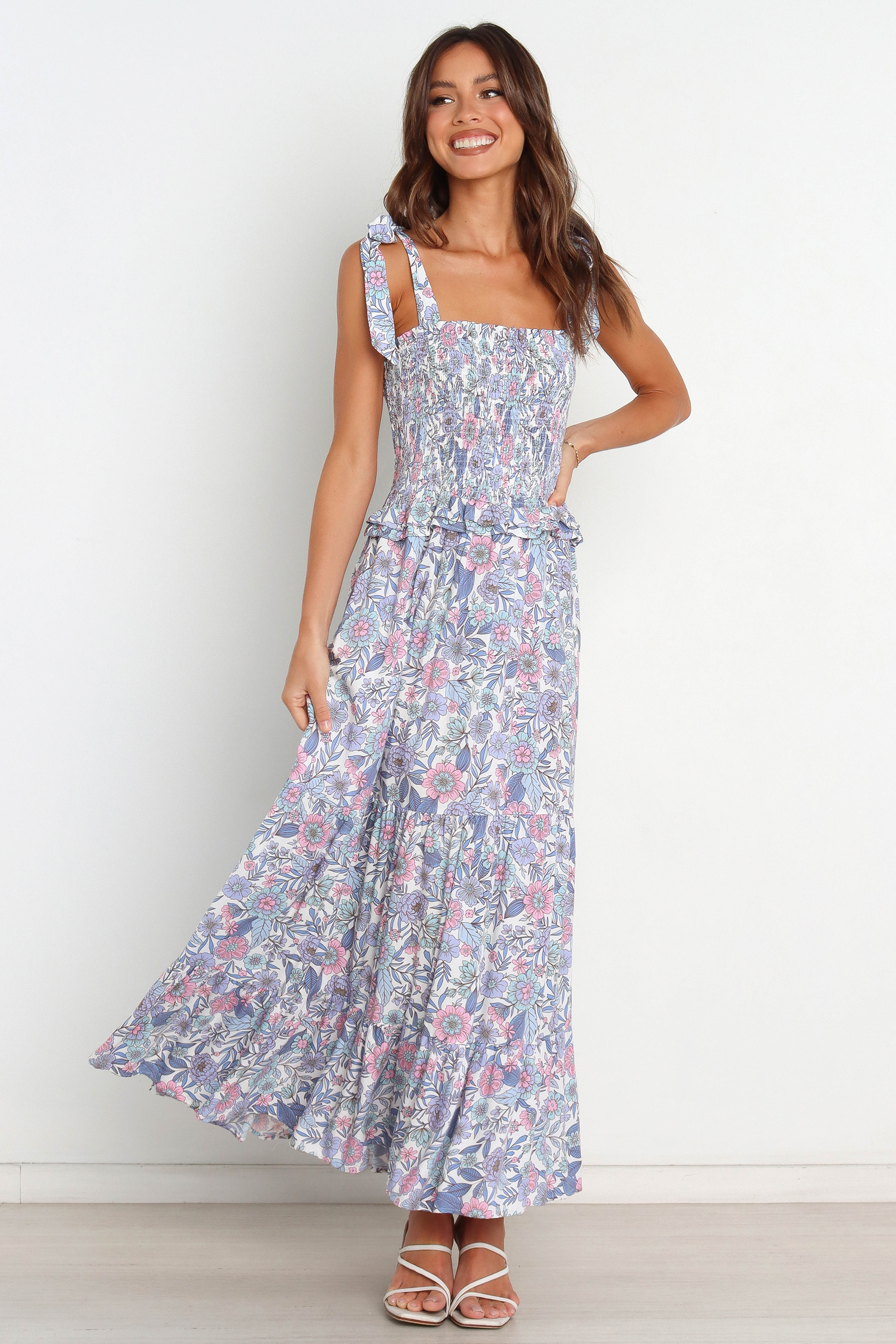 Women Summer Vacation Printed Ruffed Tie Maxi A Line Dress Multi