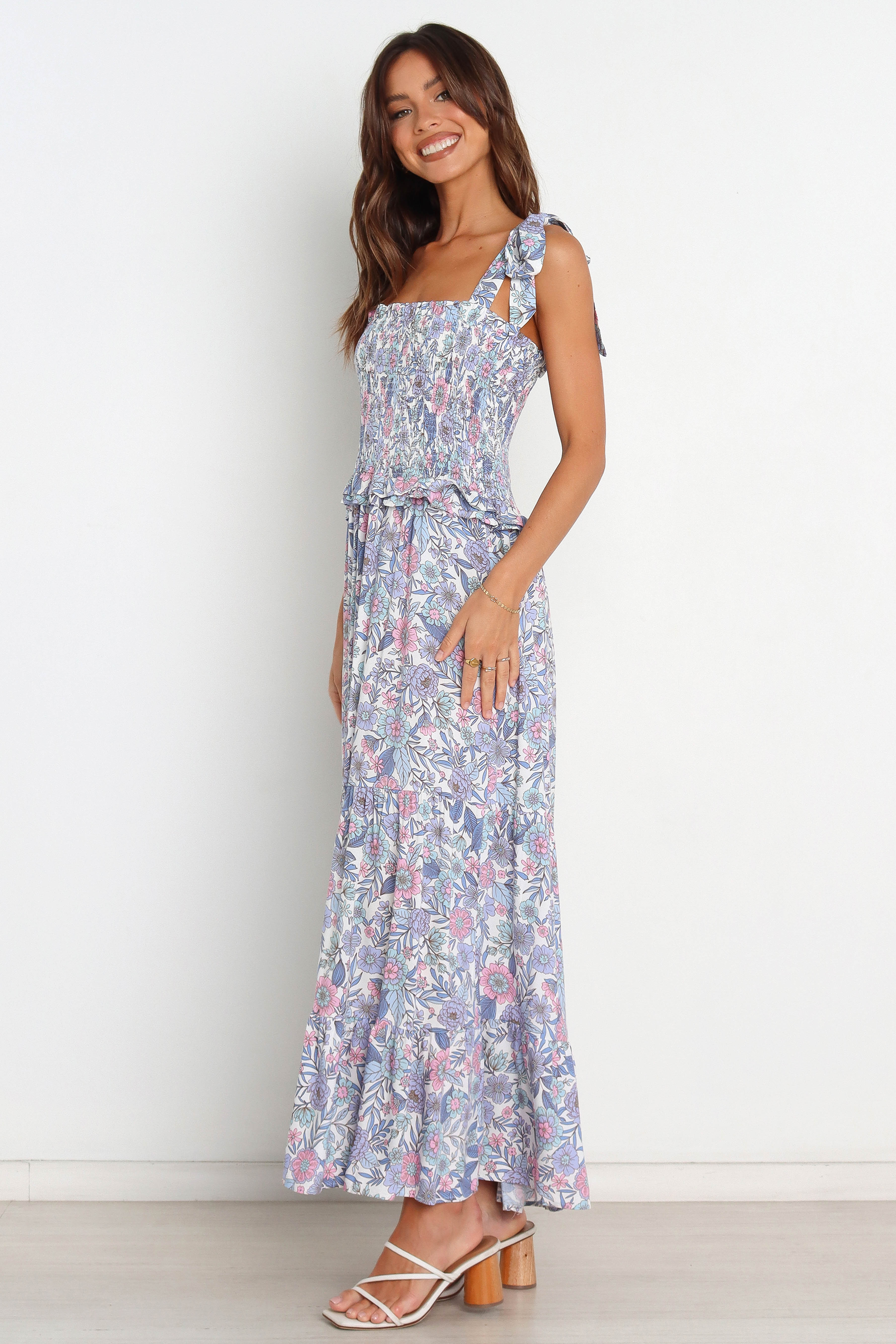 Women Summer Vacation Printed Ruffed Tie Maxi A Line Dress