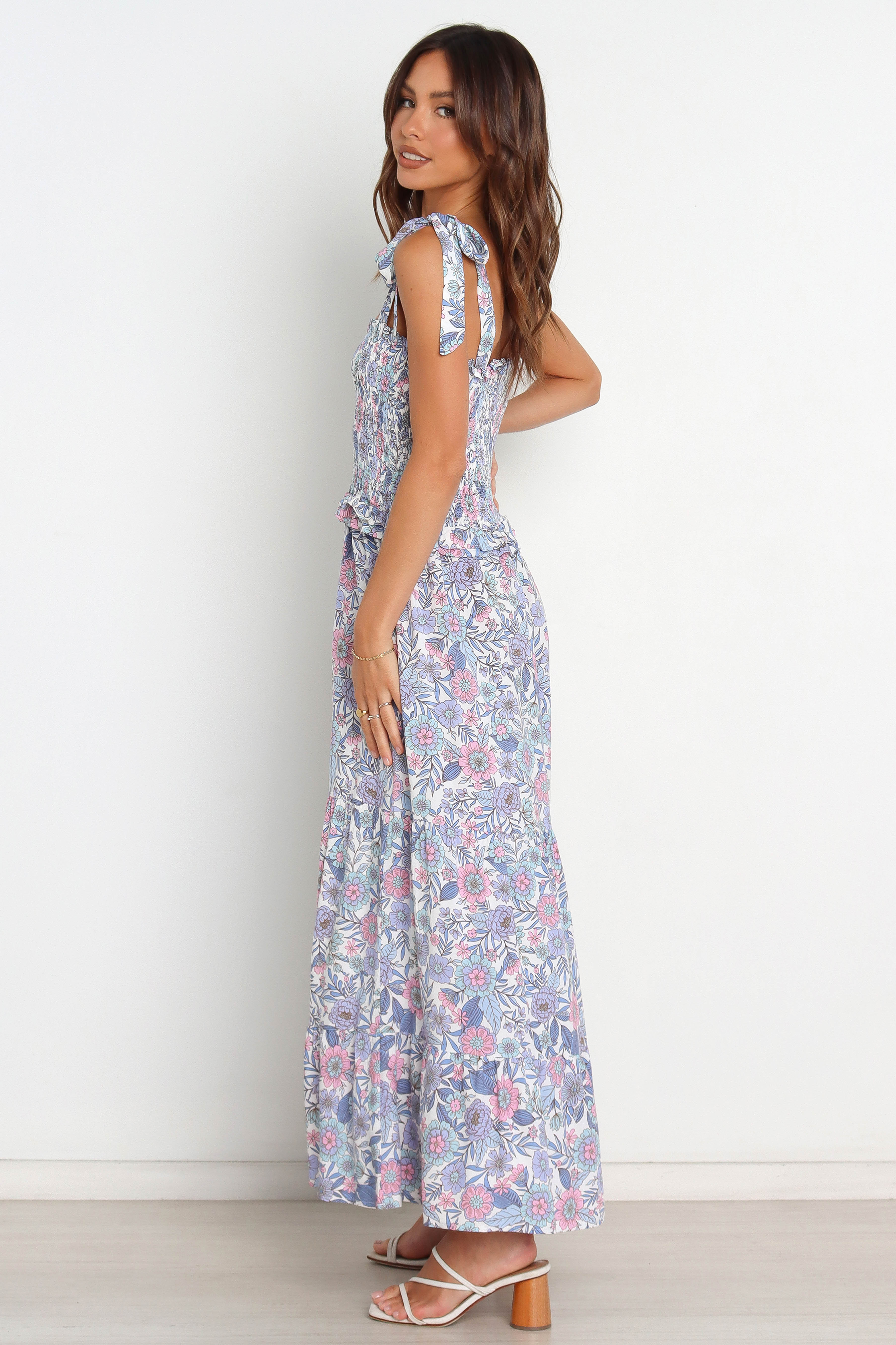 Women Summer Vacation Printed Ruffed Tie Maxi A Line Dress