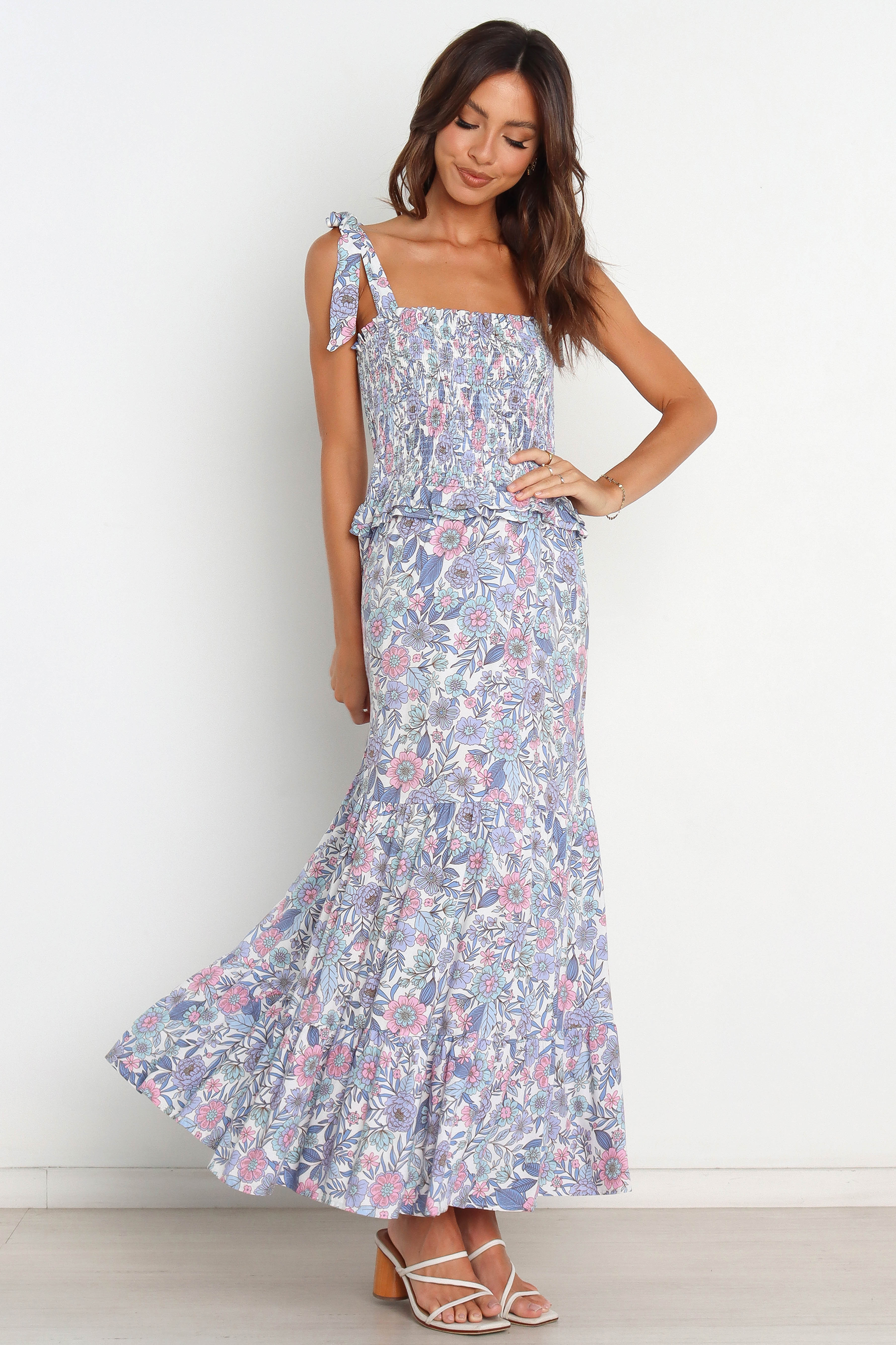 Women Summer Vacation Printed Ruffed Tie Maxi A Line Dress