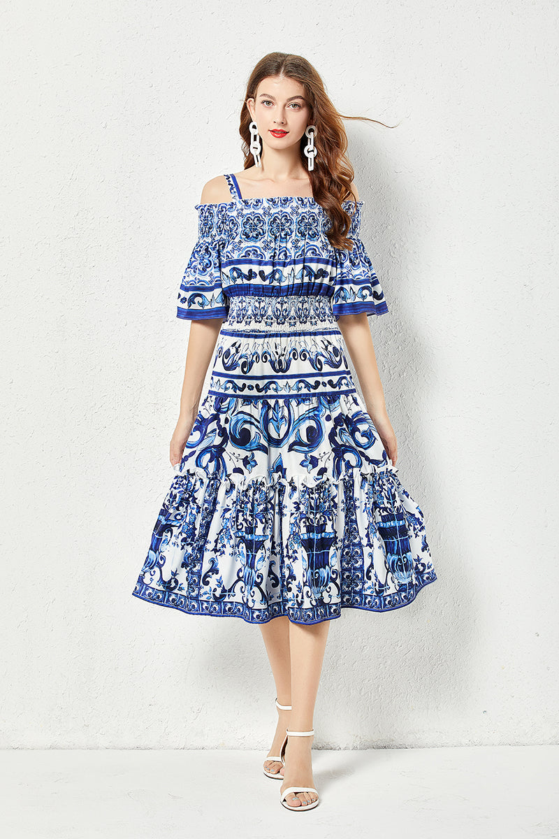 Women Summer Printed A Line Midi Dress Blue