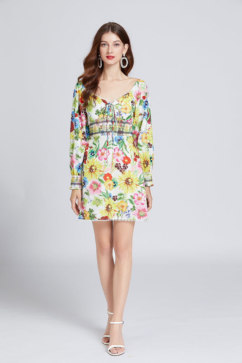 Women Spring Fall Daily Printed V Neck A Line Short Dress