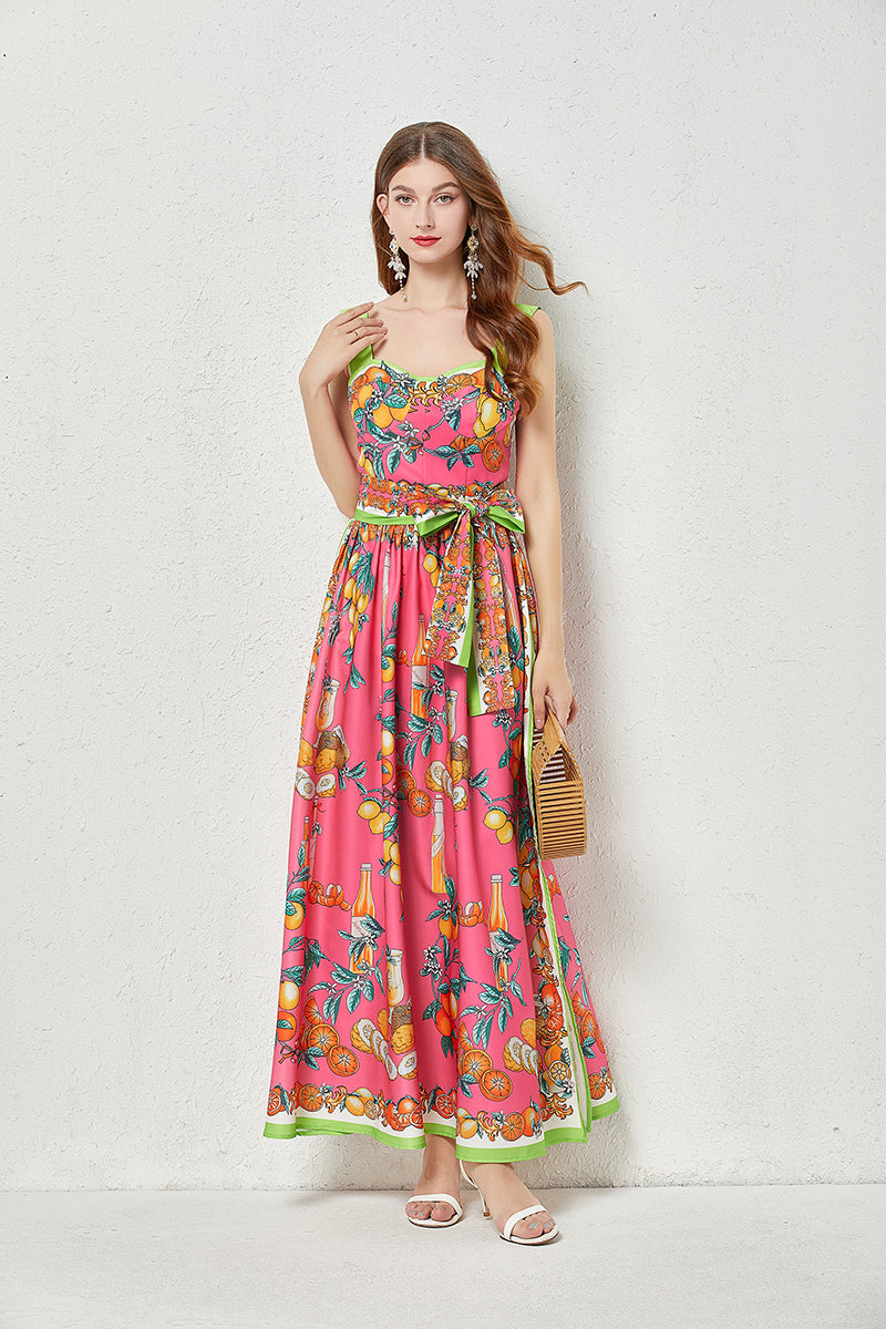 Women Summer Sleeveless Printed Cami A Line Maxi Dress Pink