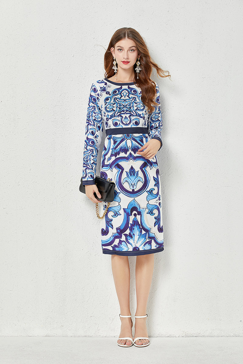 Women Spring Fall Crew Neck Printed Cami A Line Knee Dress