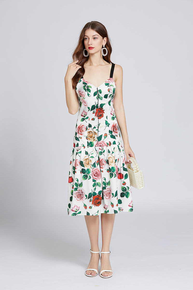 Women Summer Printed Patchwork Cami A Line Midi Dress